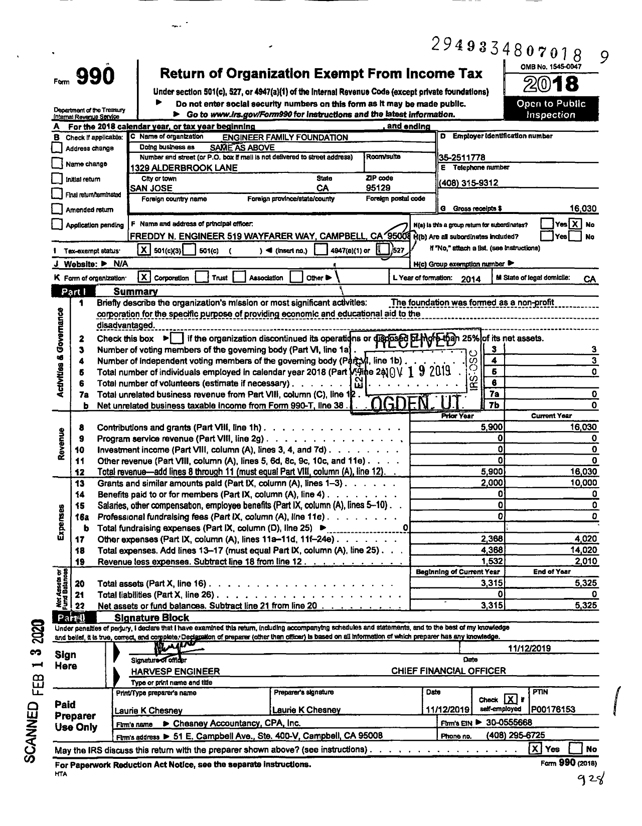 Image of first page of 2018 Form 990 for Engineer Family Foundation