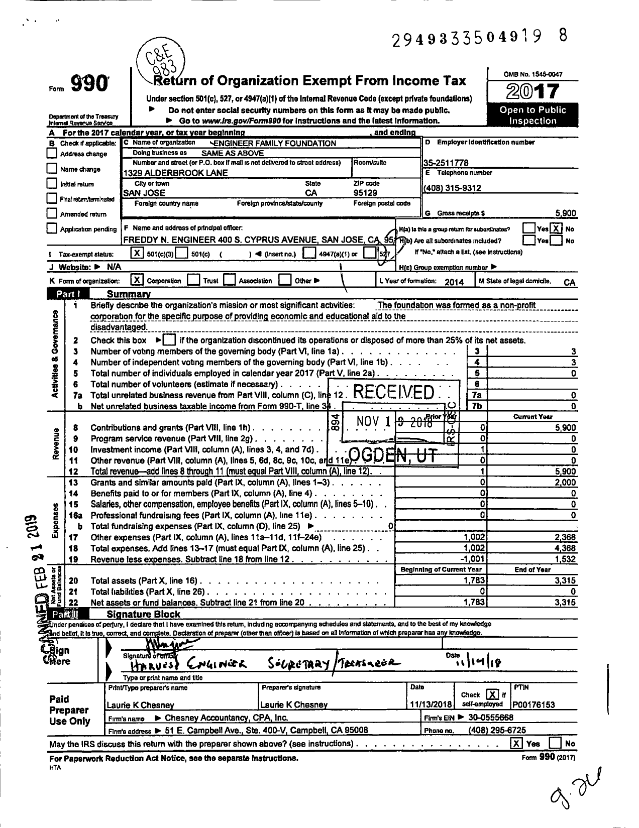 Image of first page of 2017 Form 990 for Engineer Family Foundation