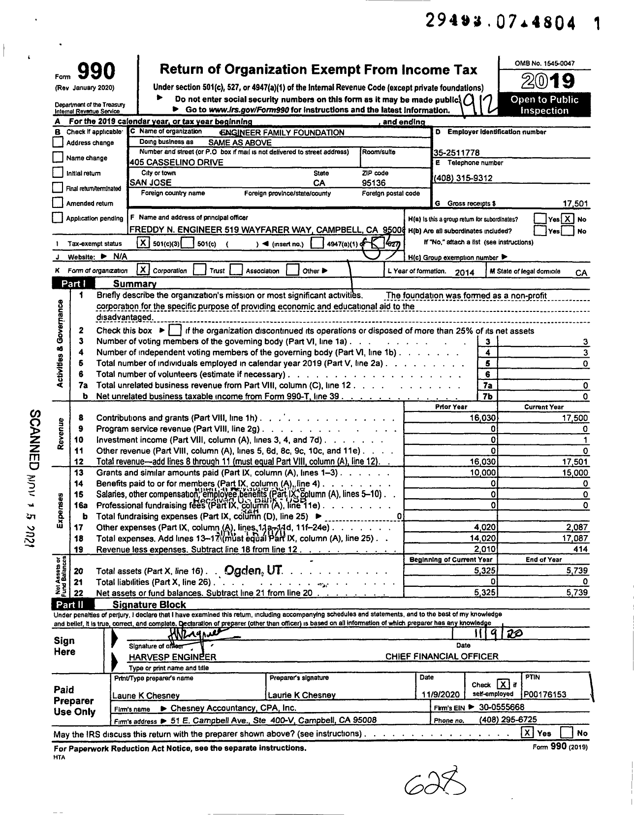 Image of first page of 2019 Form 990 for Engineer Family Foundation