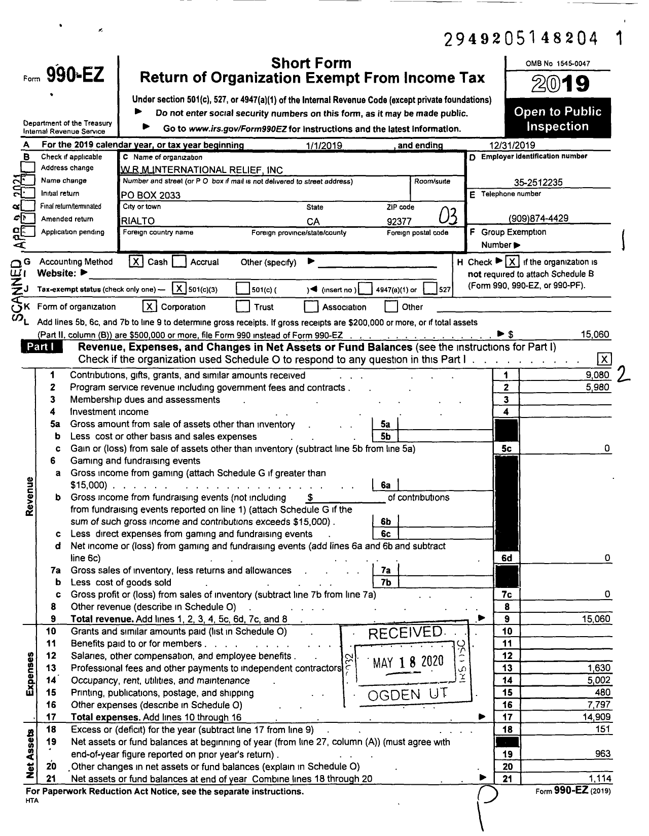 Image of first page of 2019 Form 990EZ for W R M International Relief