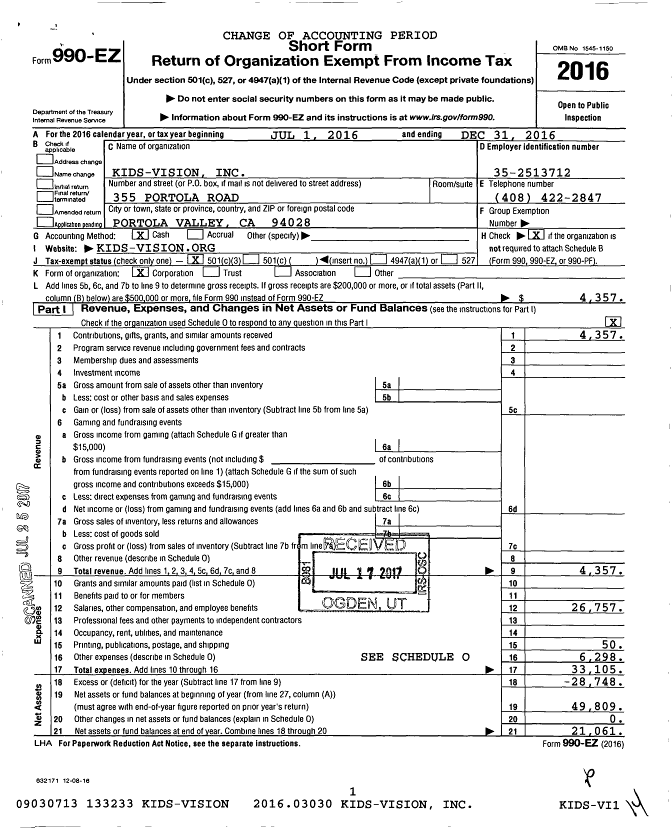 Image of first page of 2016 Form 990EZ for Kids-Vision