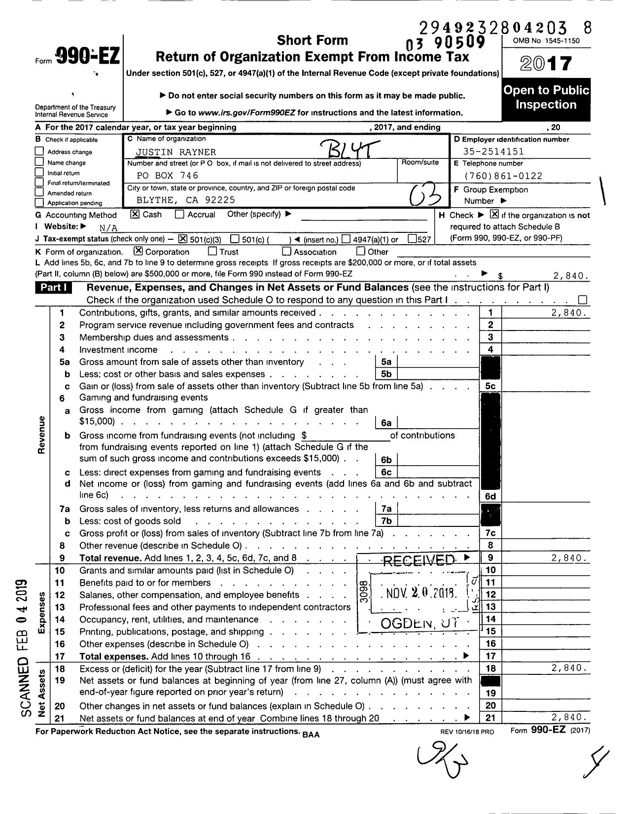 Image of first page of 2017 Form 990EZ for Justin Rayner