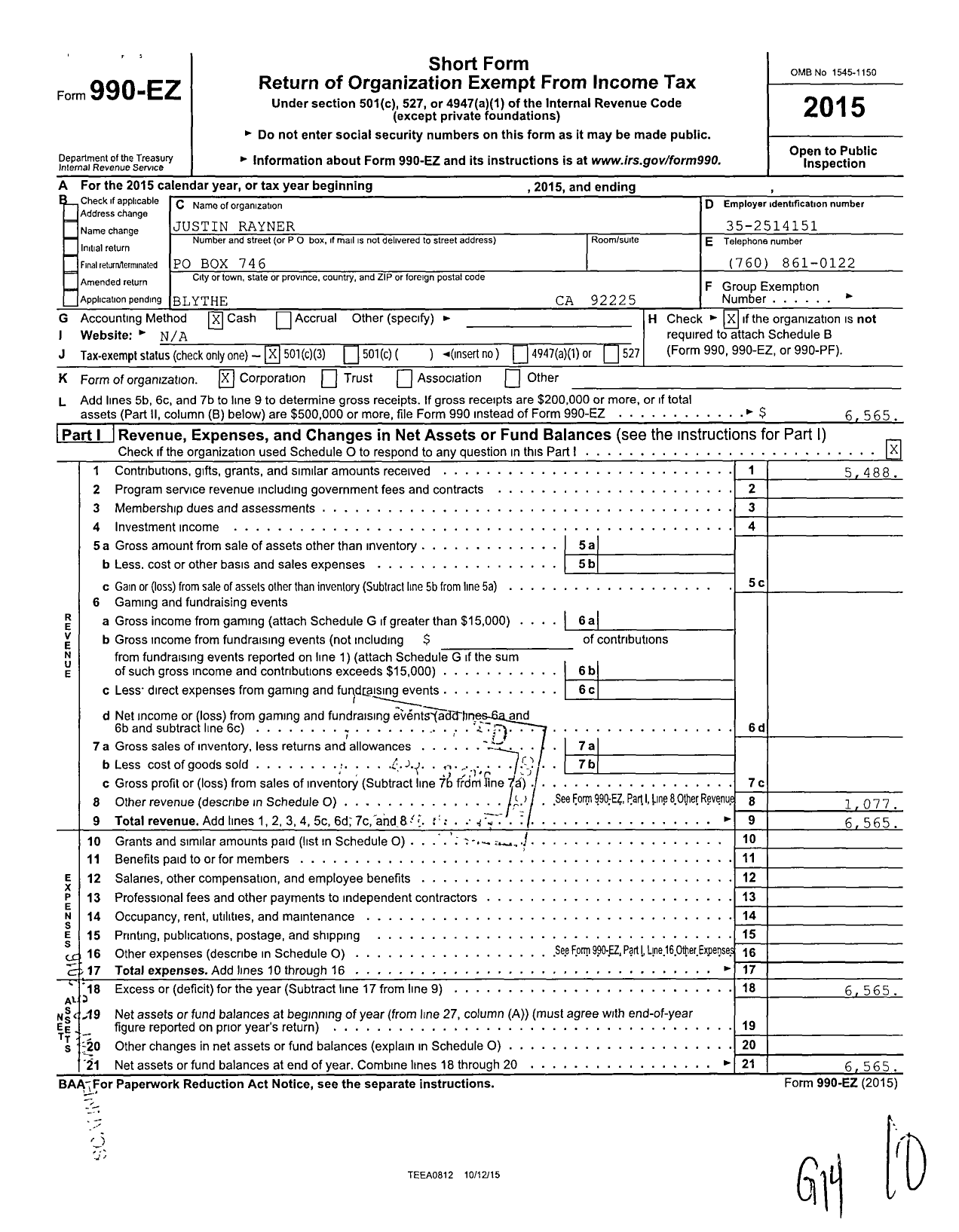 Image of first page of 2015 Form 990EZ for Justin Rayner