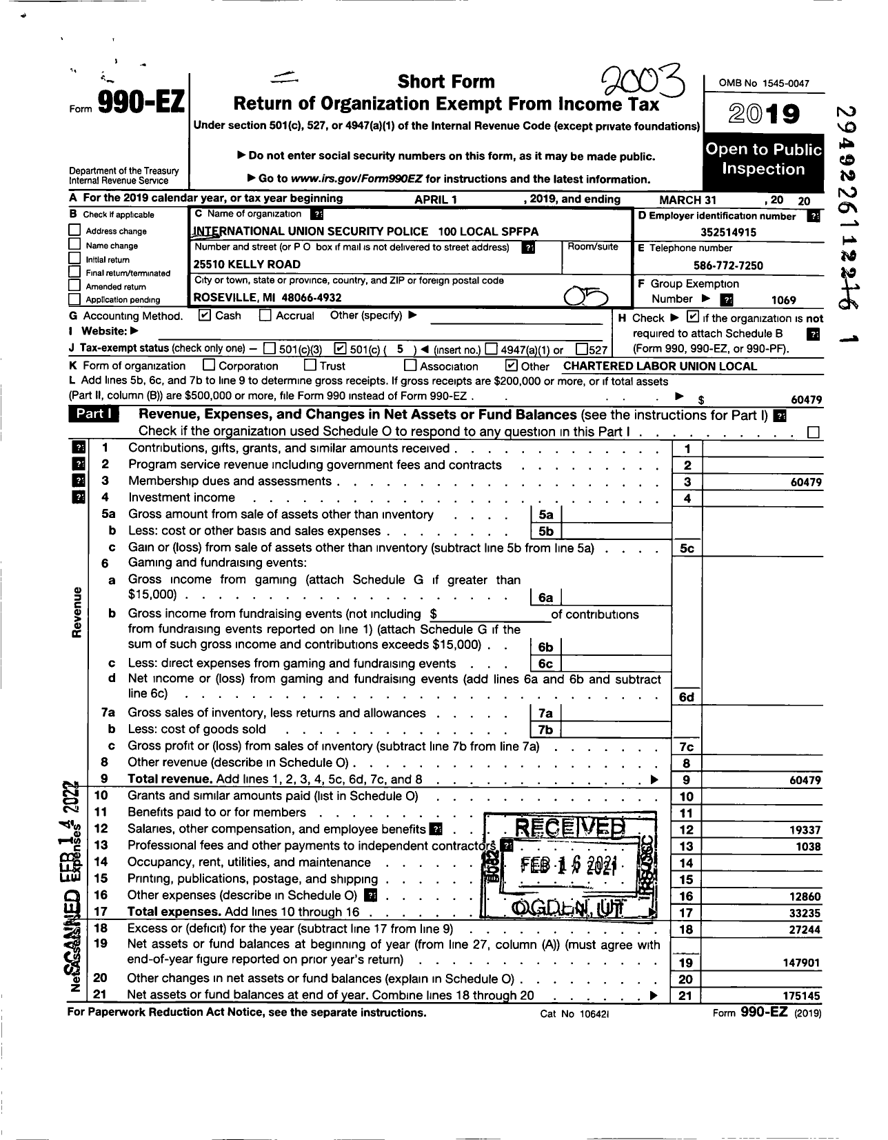 Image of first page of 2019 Form 990EO for International Union Security Police Fire Professional of America - 100 Local Spfpa