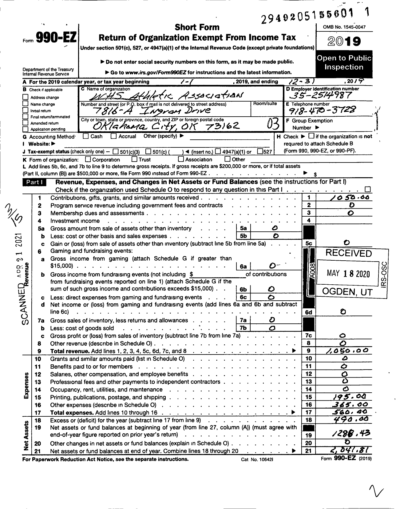 Image of first page of 2019 Form 990EZ for WHS Athletic Association