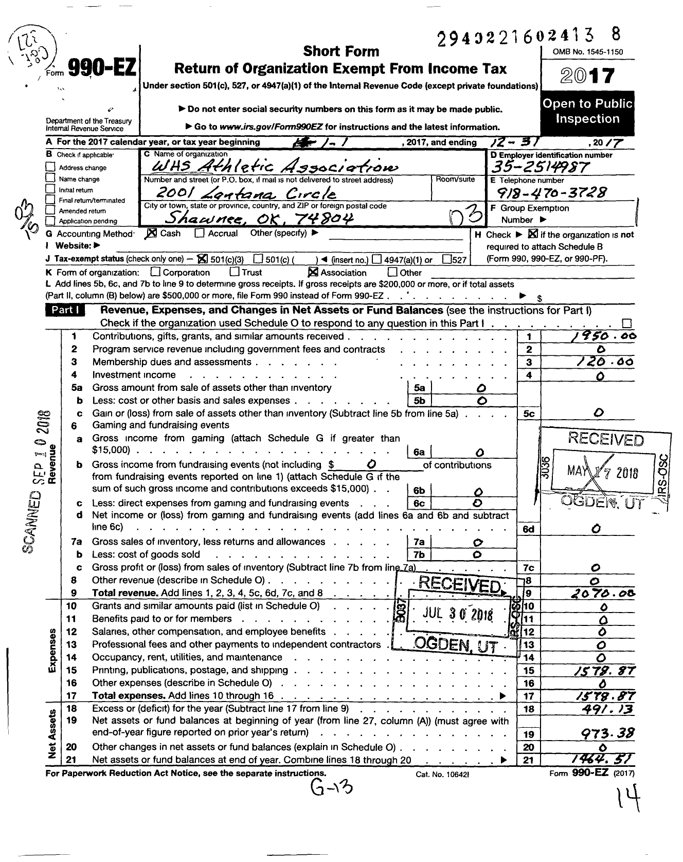 Image of first page of 2017 Form 990EZ for WHS Athletic Association