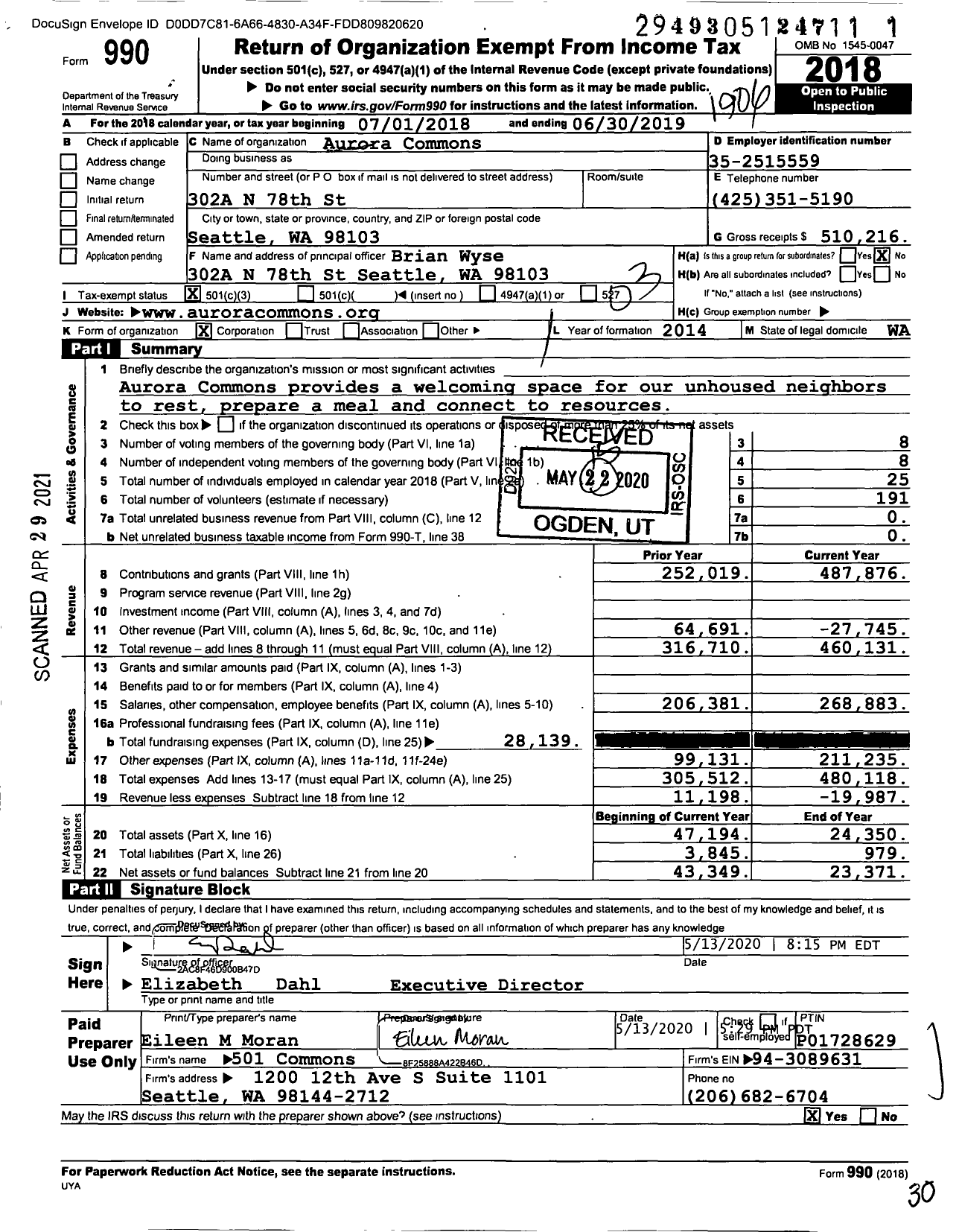 Image of first page of 2018 Form 990 for Aurora Commons