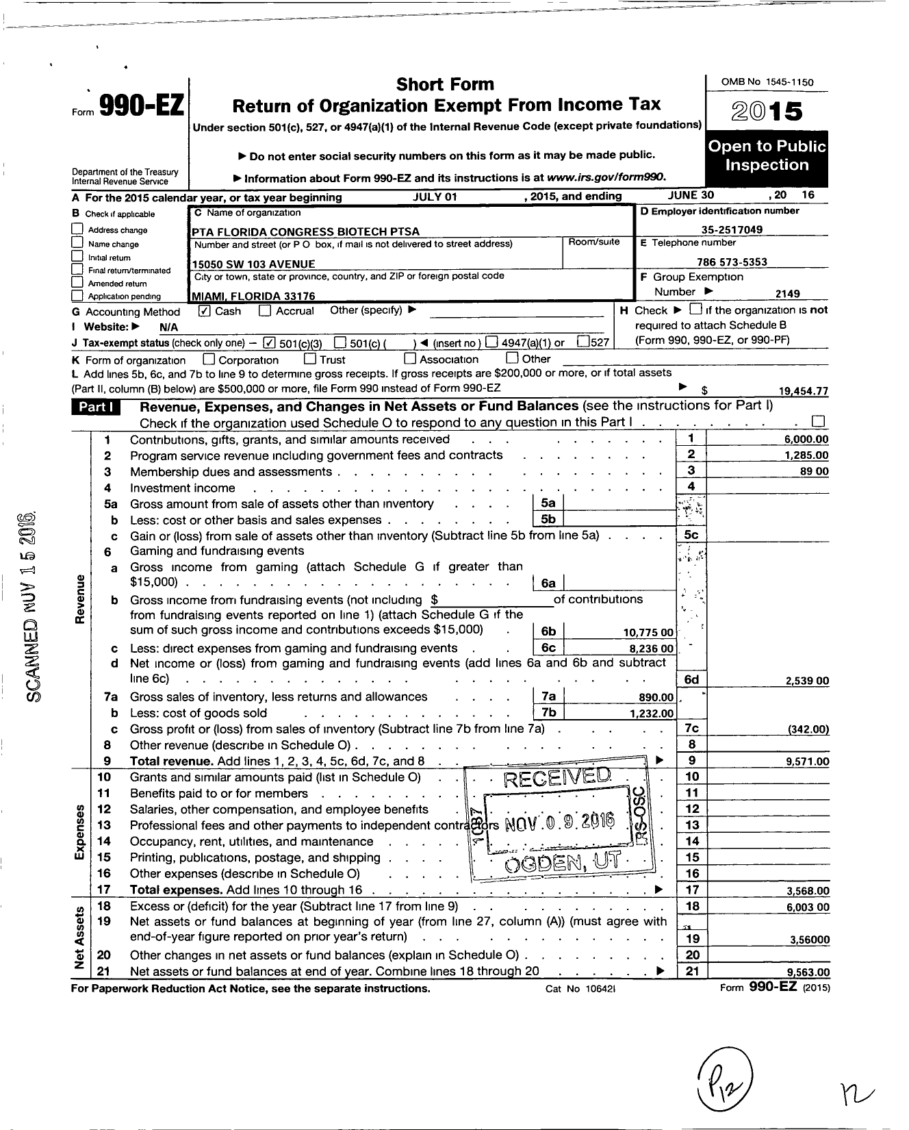 Image of first page of 2015 Form 990EZ for PTA Florida Congress - Biotech Ptsa