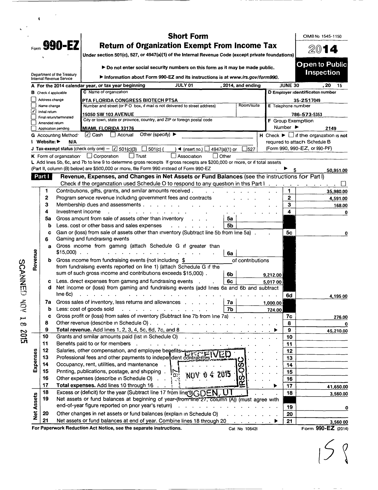 Image of first page of 2014 Form 990EZ for PTA Florida Congress - Biotech Ptsa