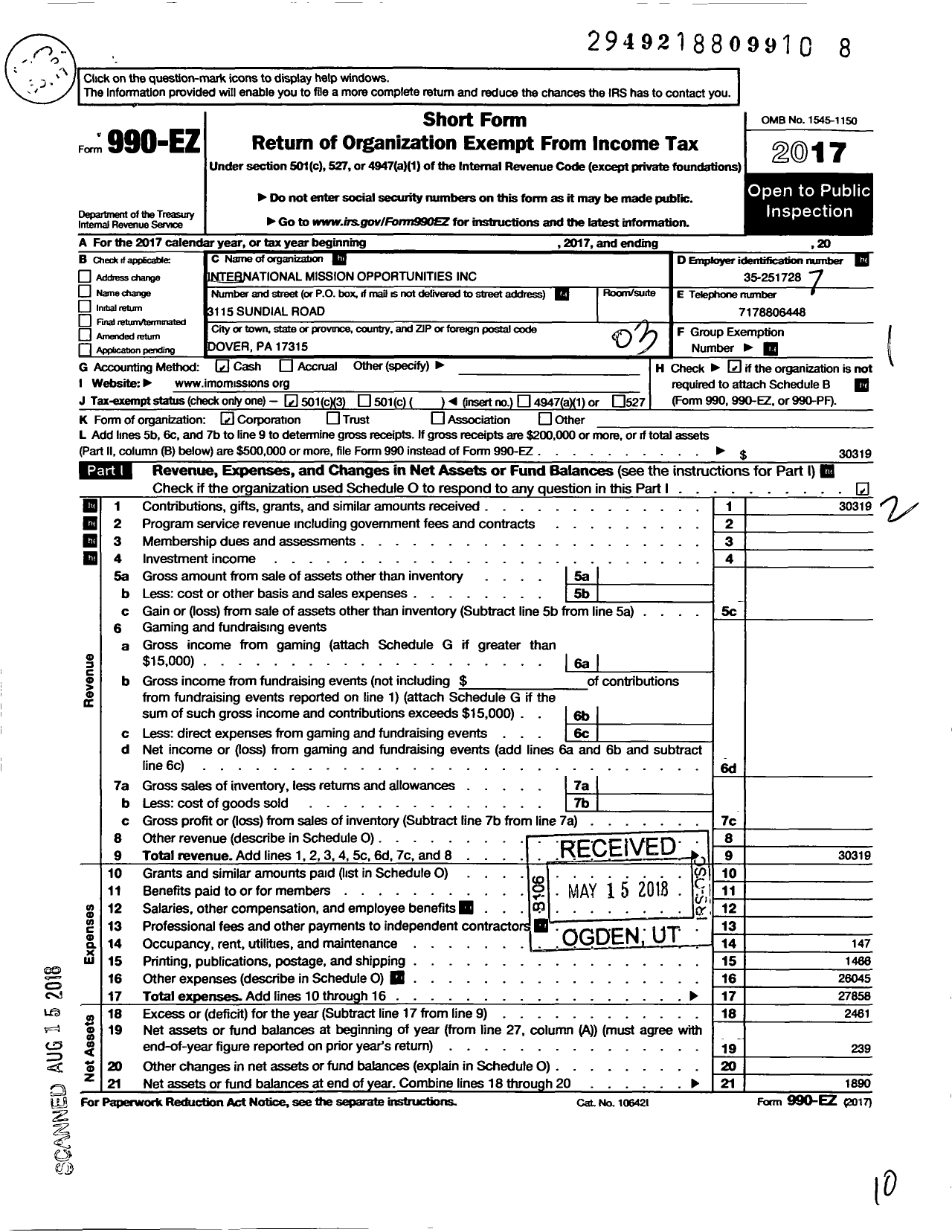 Image of first page of 2017 Form 990EZ for International Mission Opportunities