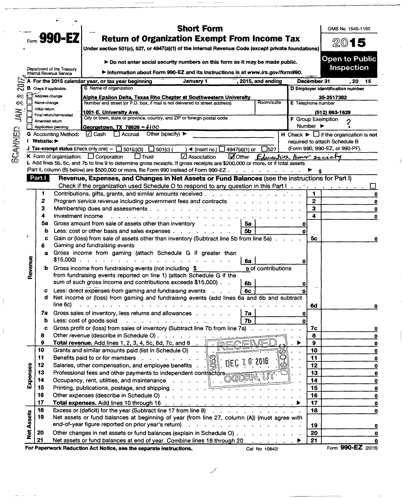 Image of first page of 2015 Form 990EO for Alpha Epsilon Delta - 221 Texas Rho CH of Aed