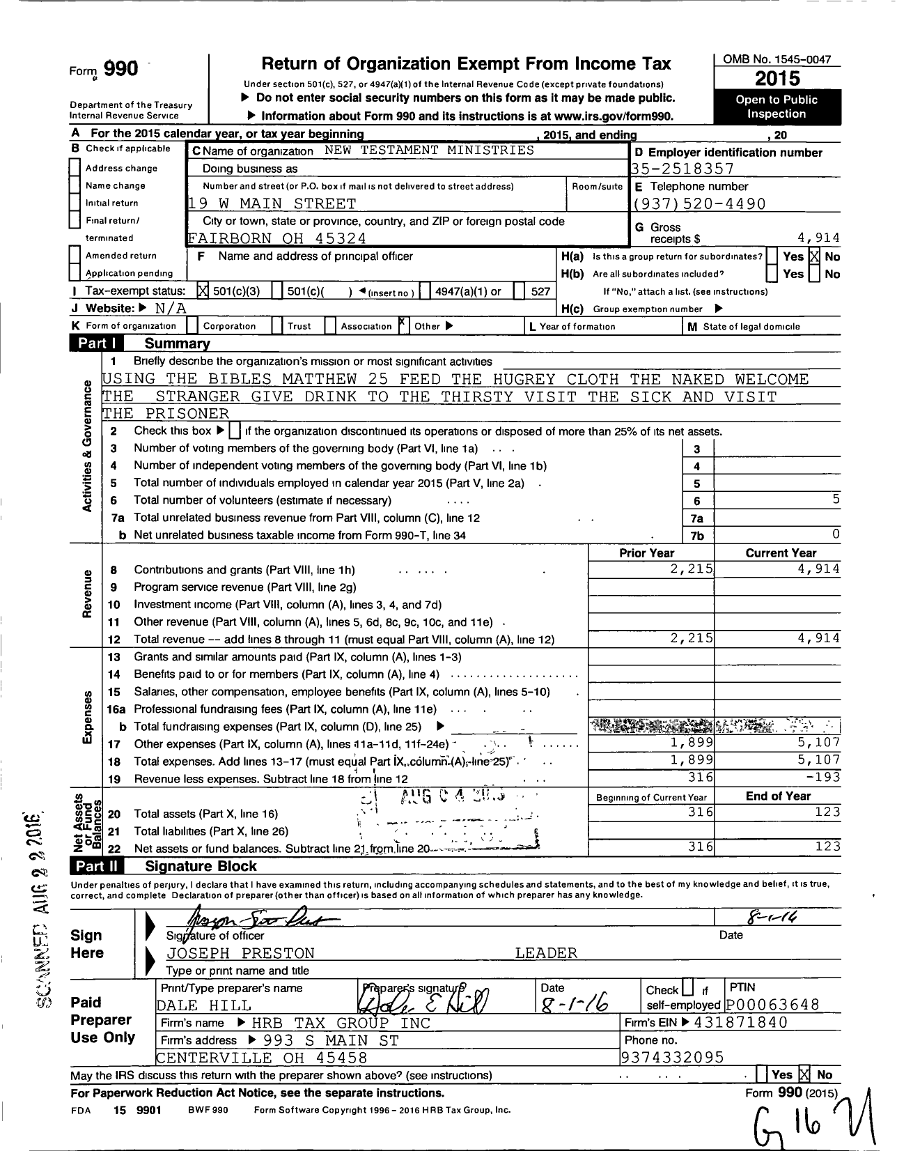 Image of first page of 2015 Form 990 for New Testament Ministries