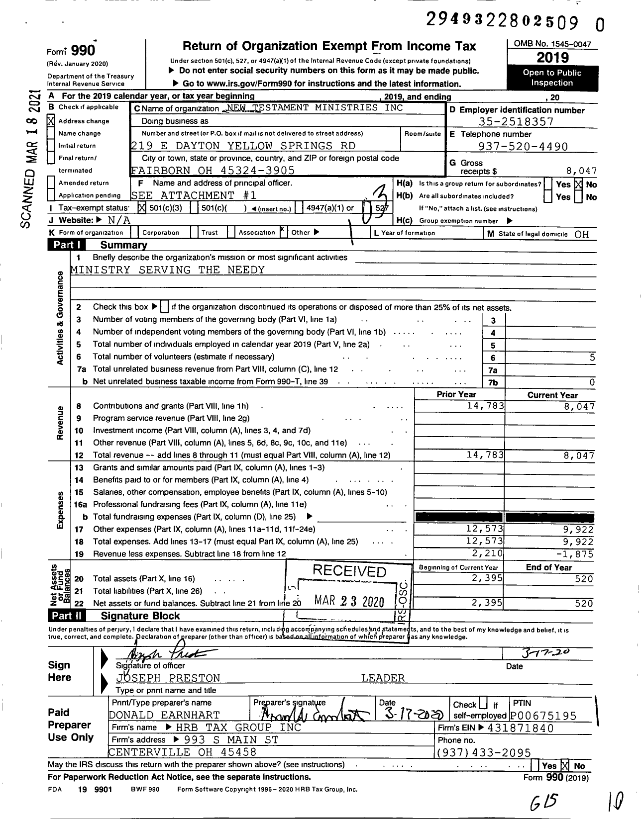 Image of first page of 2019 Form 990 for New Testament Ministries