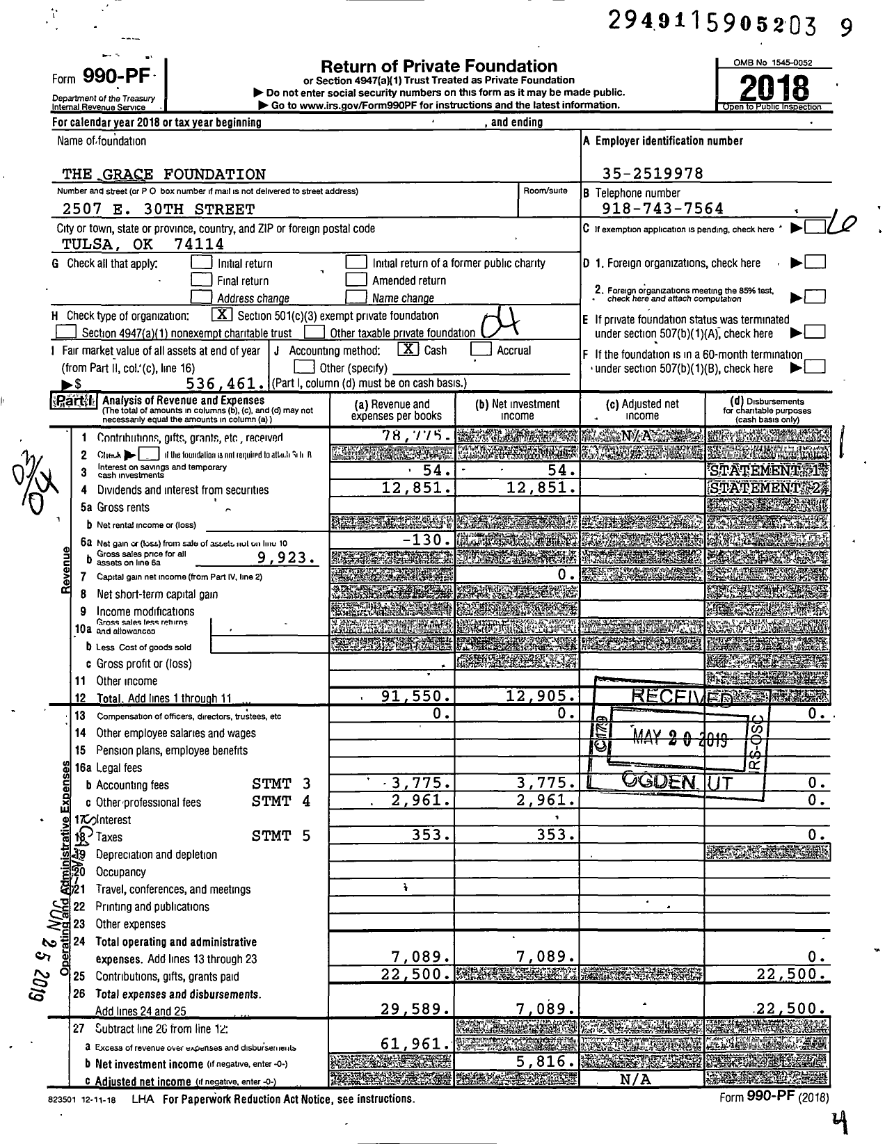 Image of first page of 2018 Form 990PF for The Grace Foundation