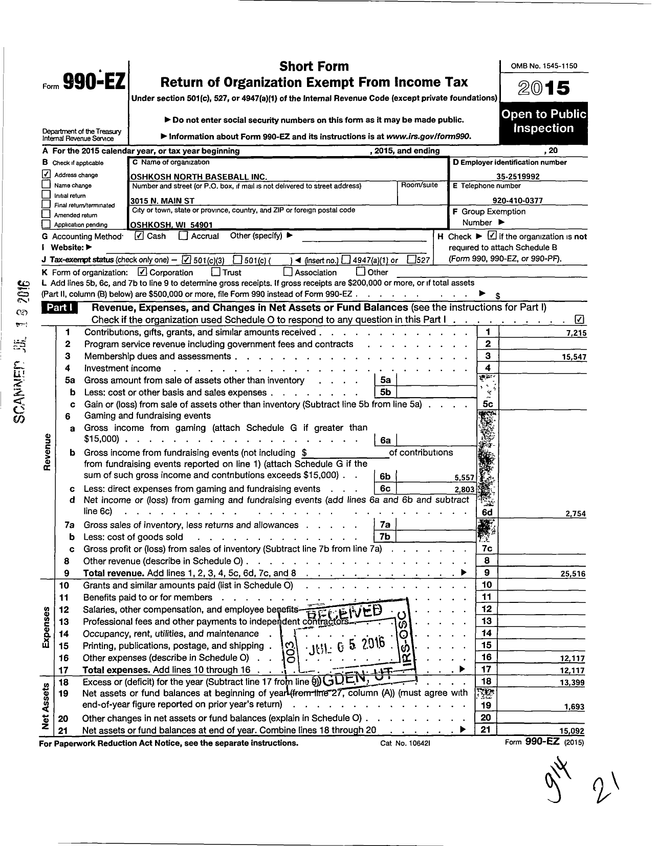 Image of first page of 2015 Form 990EZ for Oshkosh North Baseball