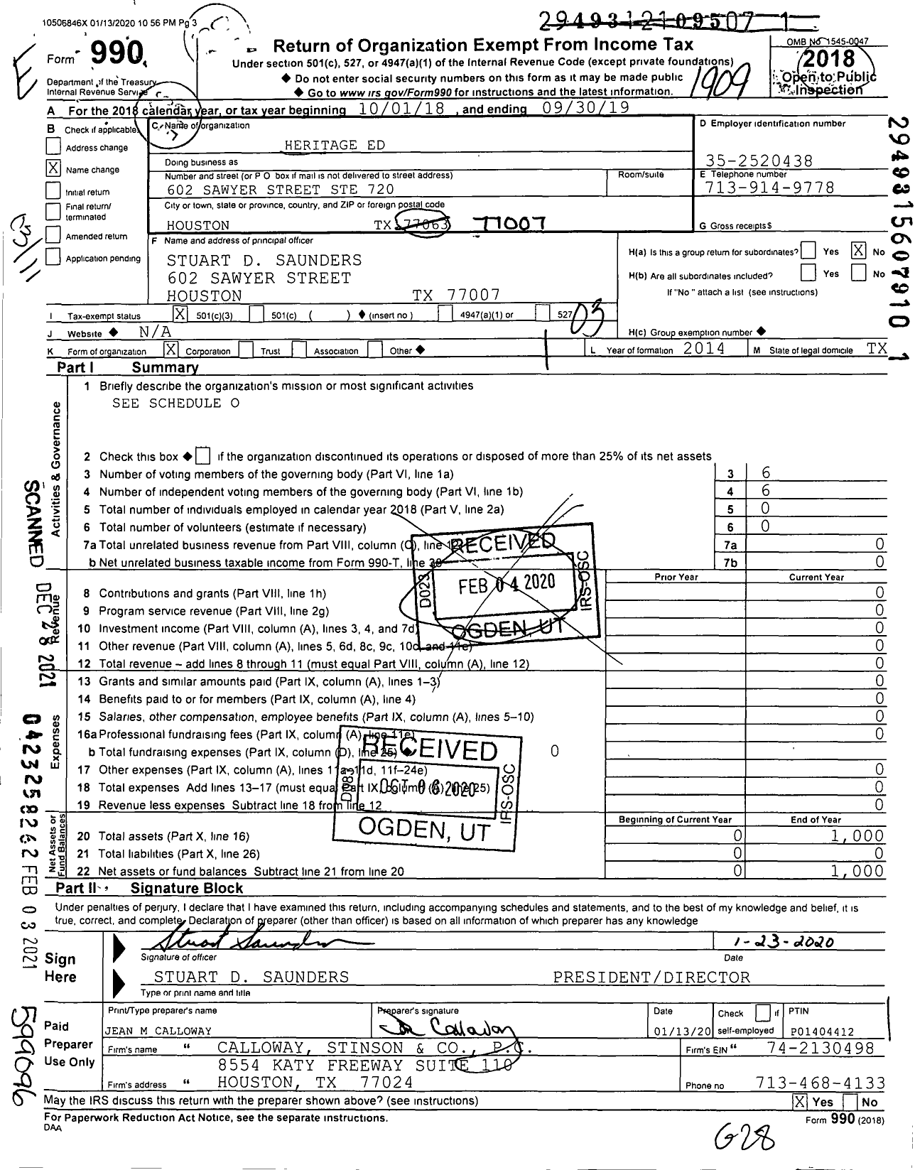 Image of first page of 2018 Form 990 for Heritage Ed