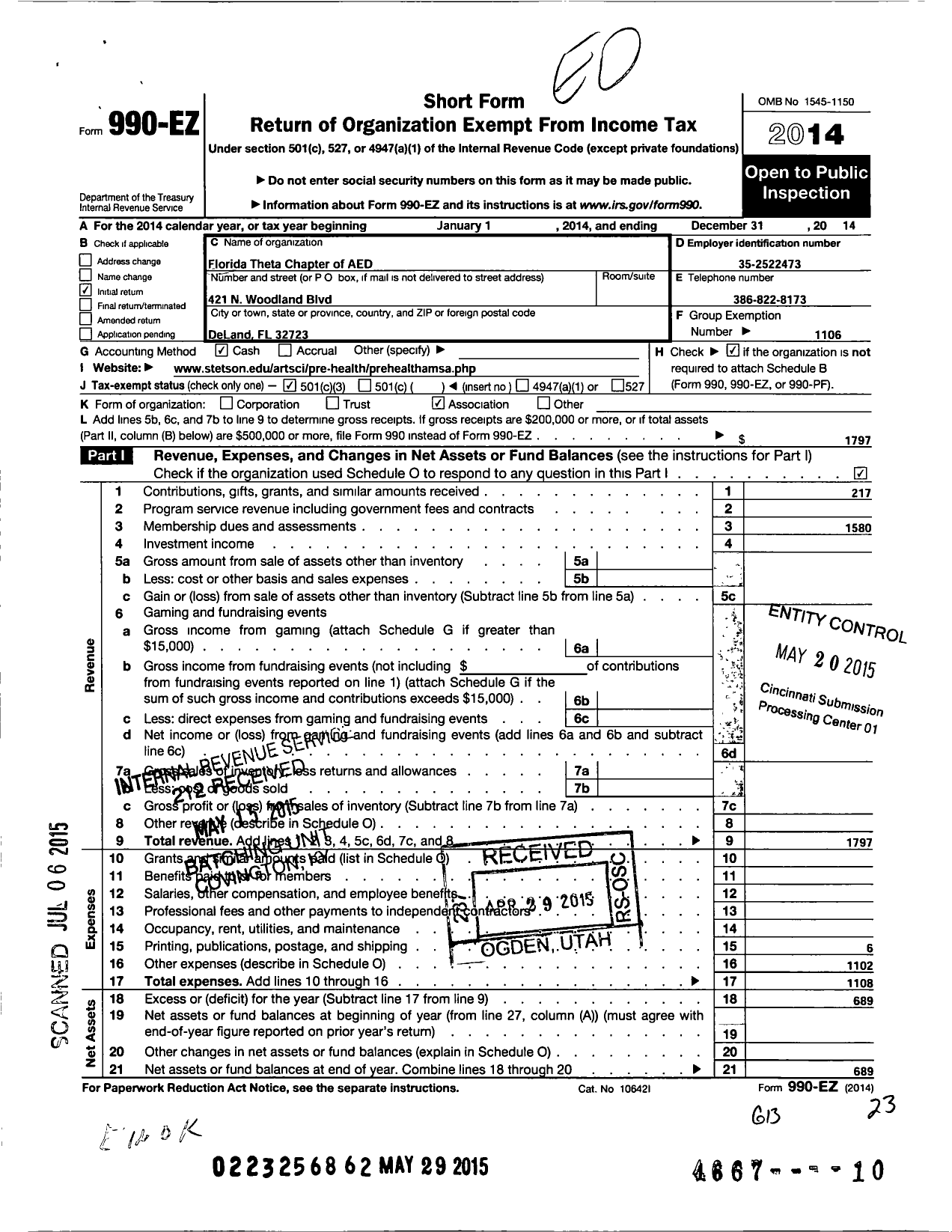 Image of first page of 2014 Form 990EZ for Alpha Epsilon Delta - 229 Florida Theta Chapter of Aed