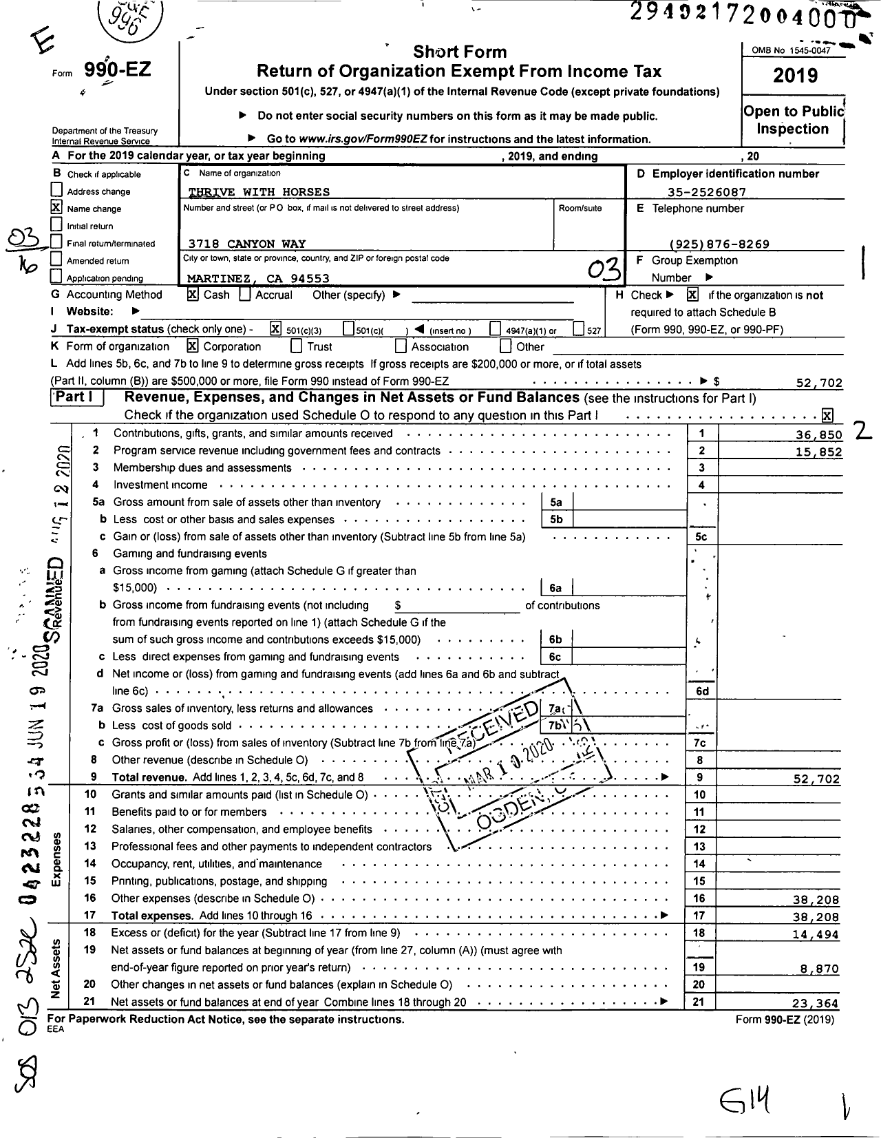 Image of first page of 2019 Form 990EZ for Thrive with Horses