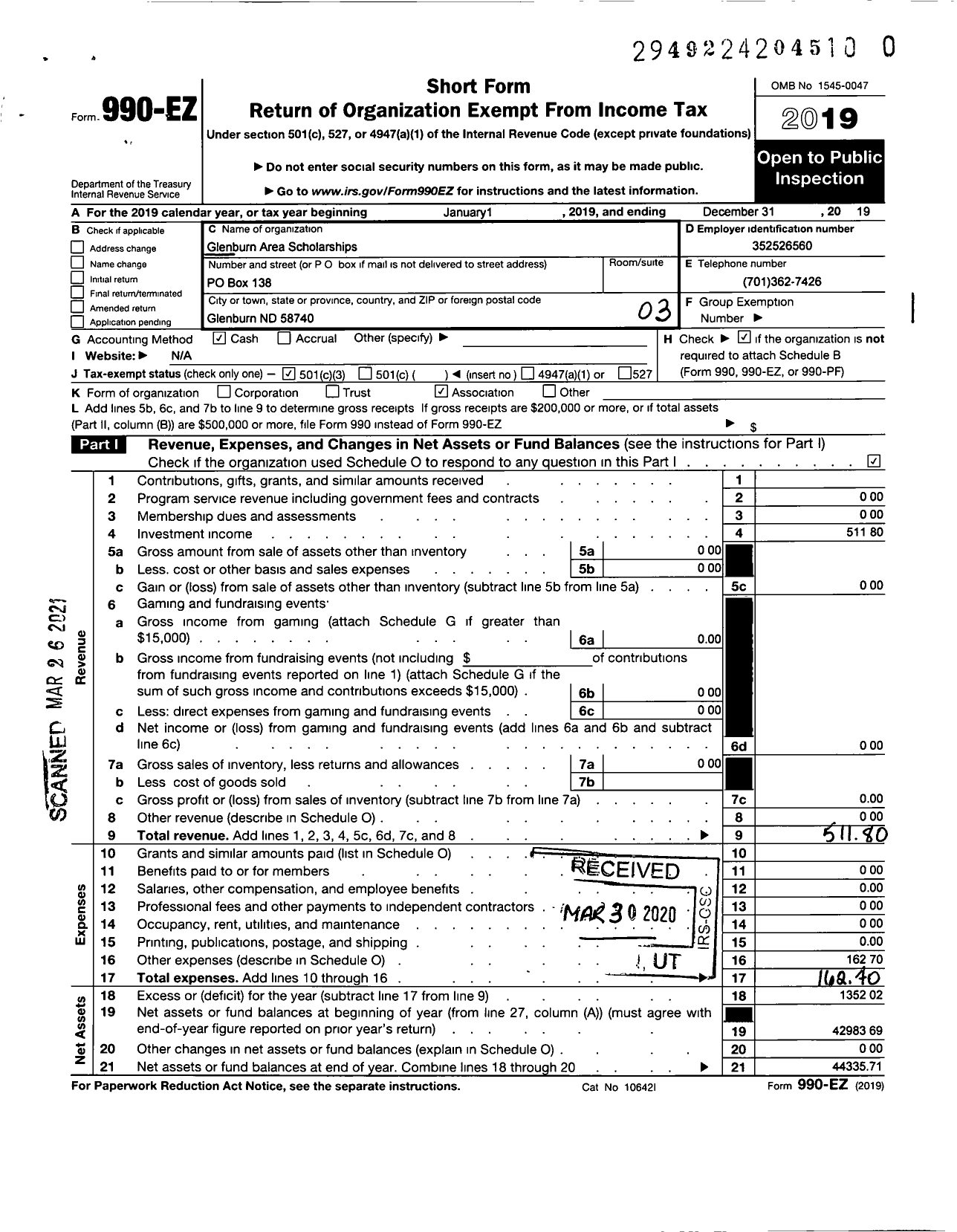 Image of first page of 2019 Form 990EZ for Glenburn Area Scholarships