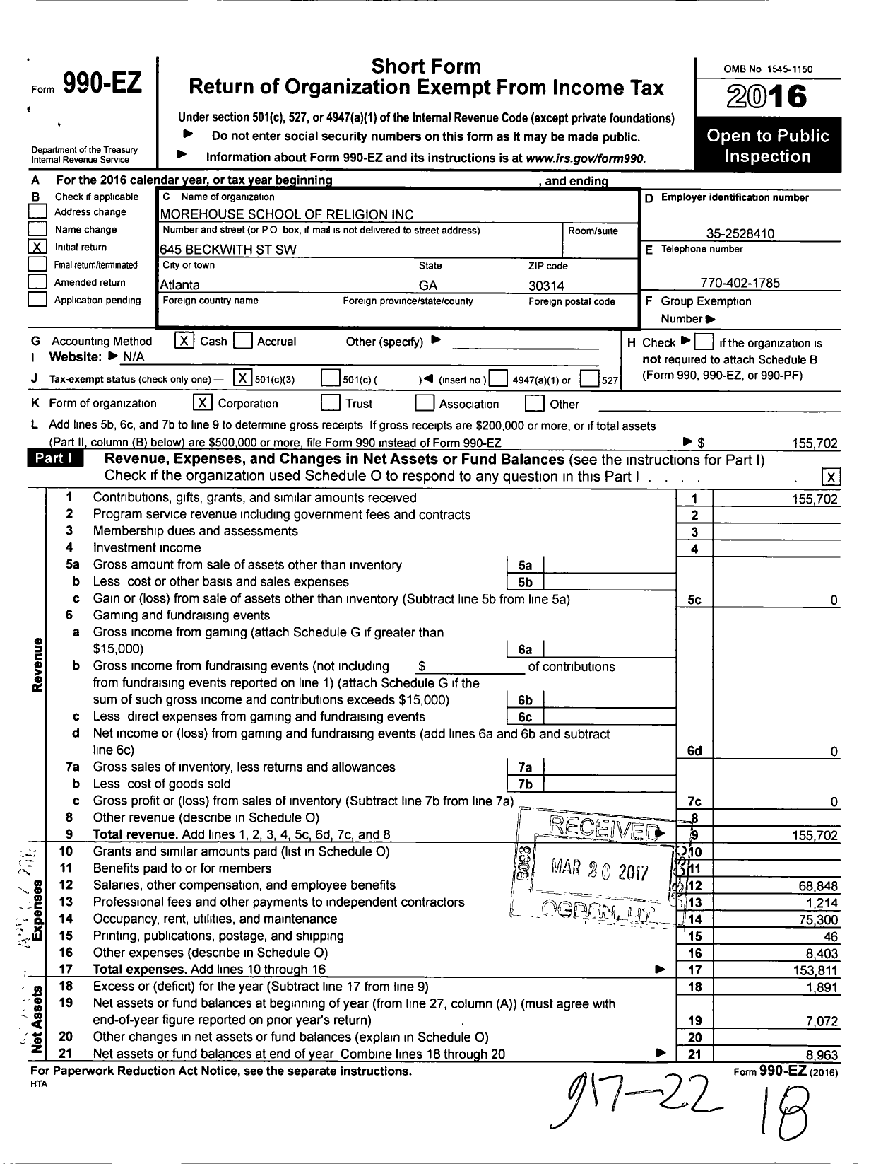 Image of first page of 2016 Form 990EZ for Morehouse School of Religion