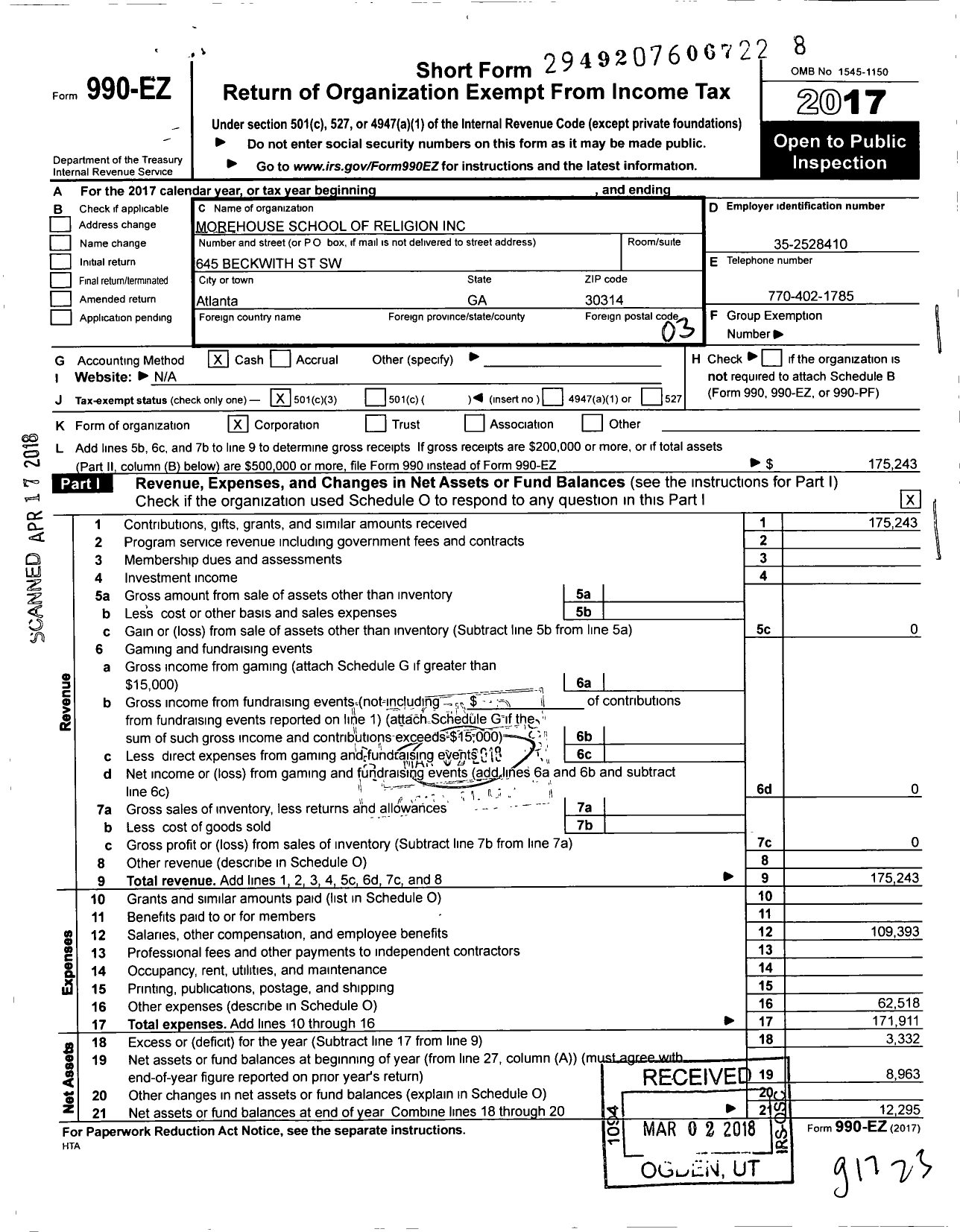 Image of first page of 2017 Form 990EZ for Morehouse School of Religion