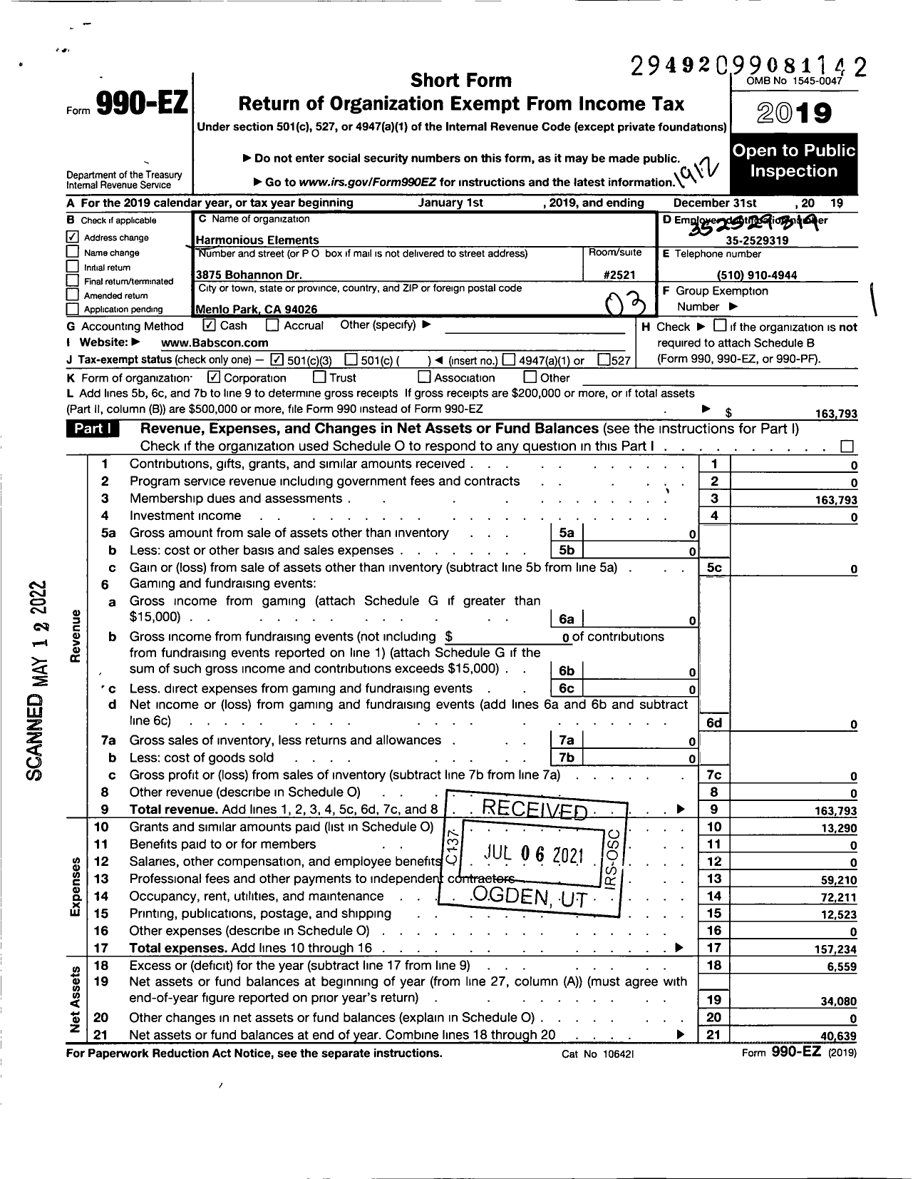 Image of first page of 2019 Form 990EZ for Harmonious Elements