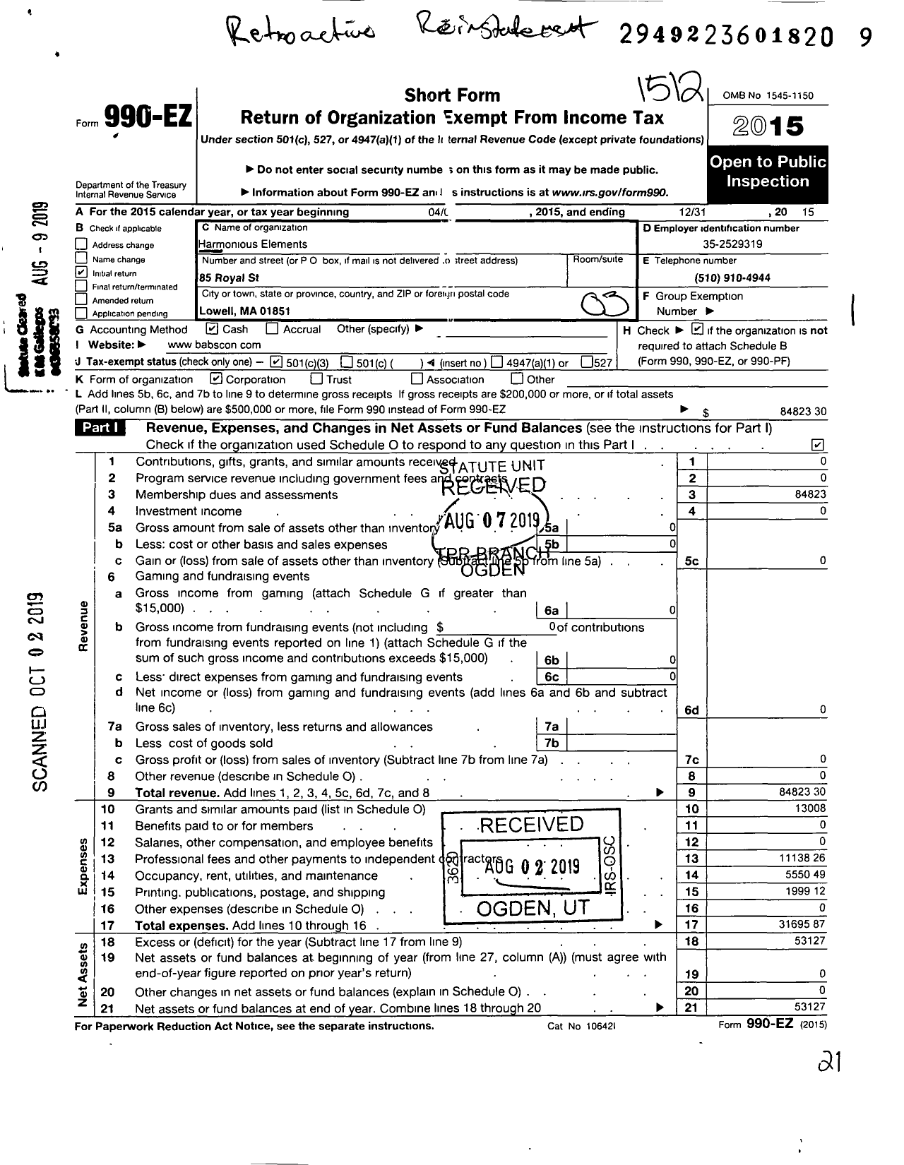 Image of first page of 2015 Form 990EZ for Harmonious Elements