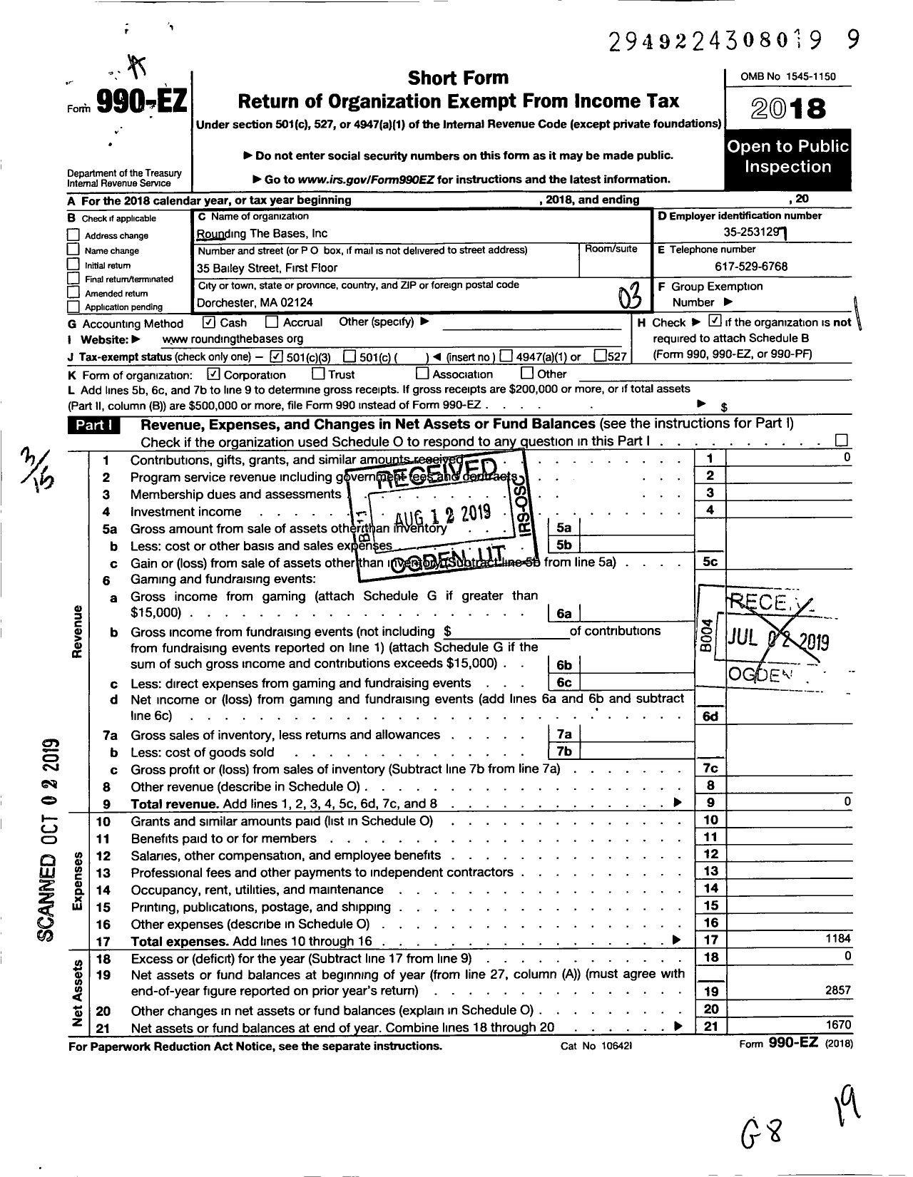 Image of first page of 2018 Form 990EZ for Rounding the Bases