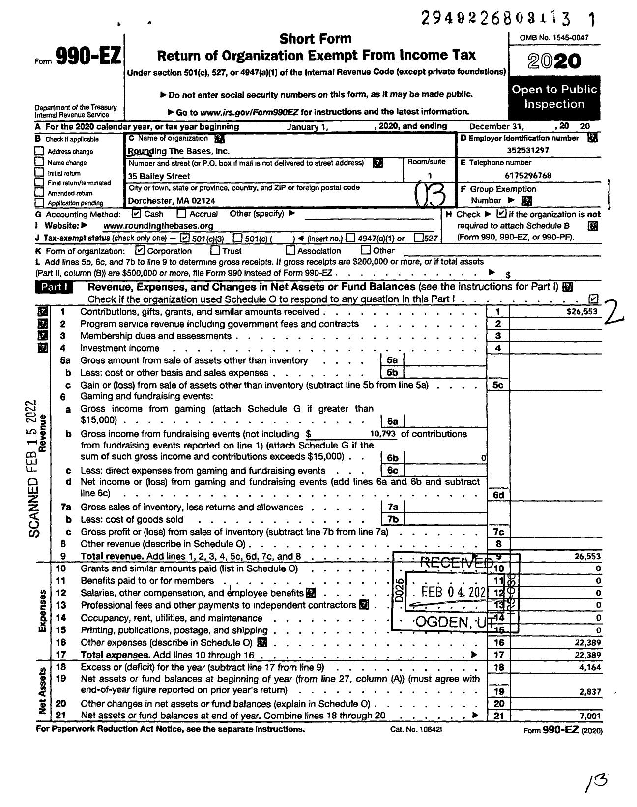 Image of first page of 2020 Form 990EZ for Rounding the Bases