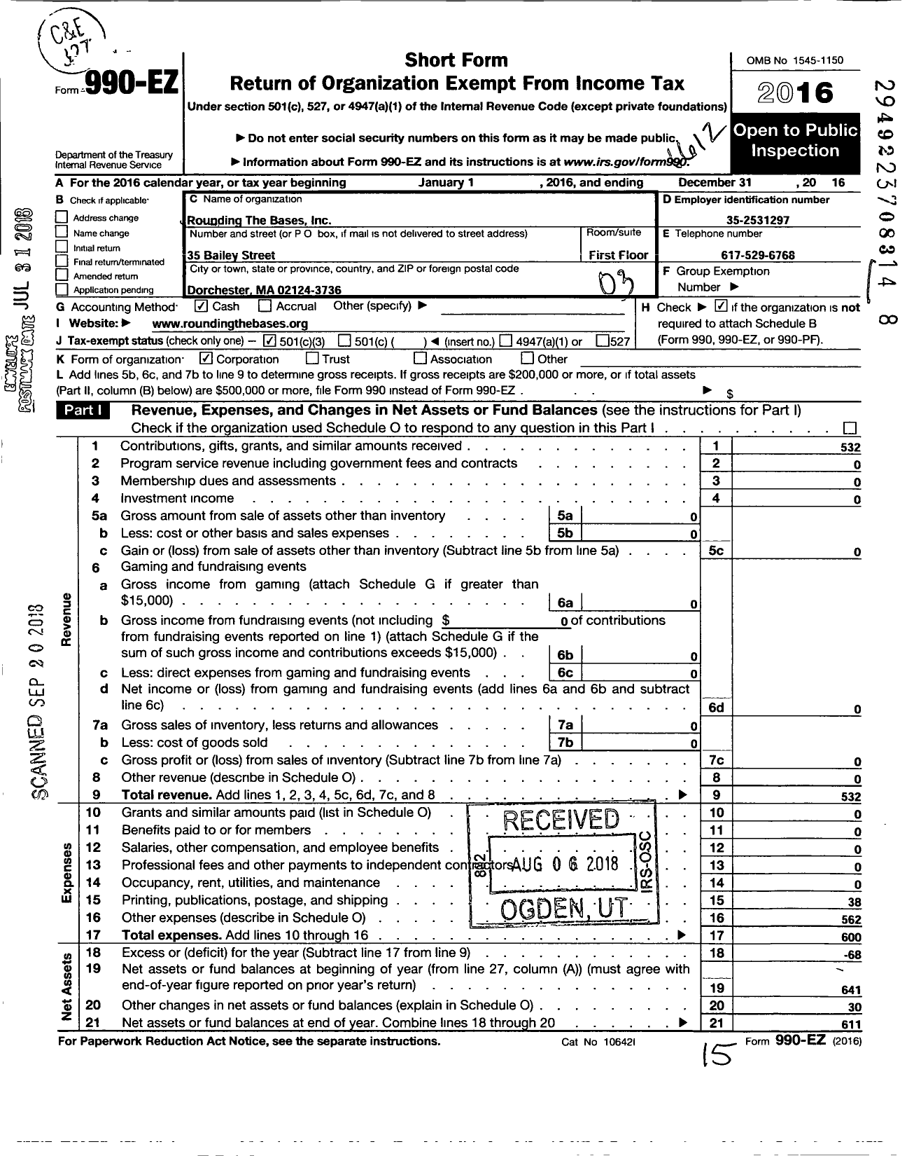 Image of first page of 2016 Form 990EZ for Rounding the Bases