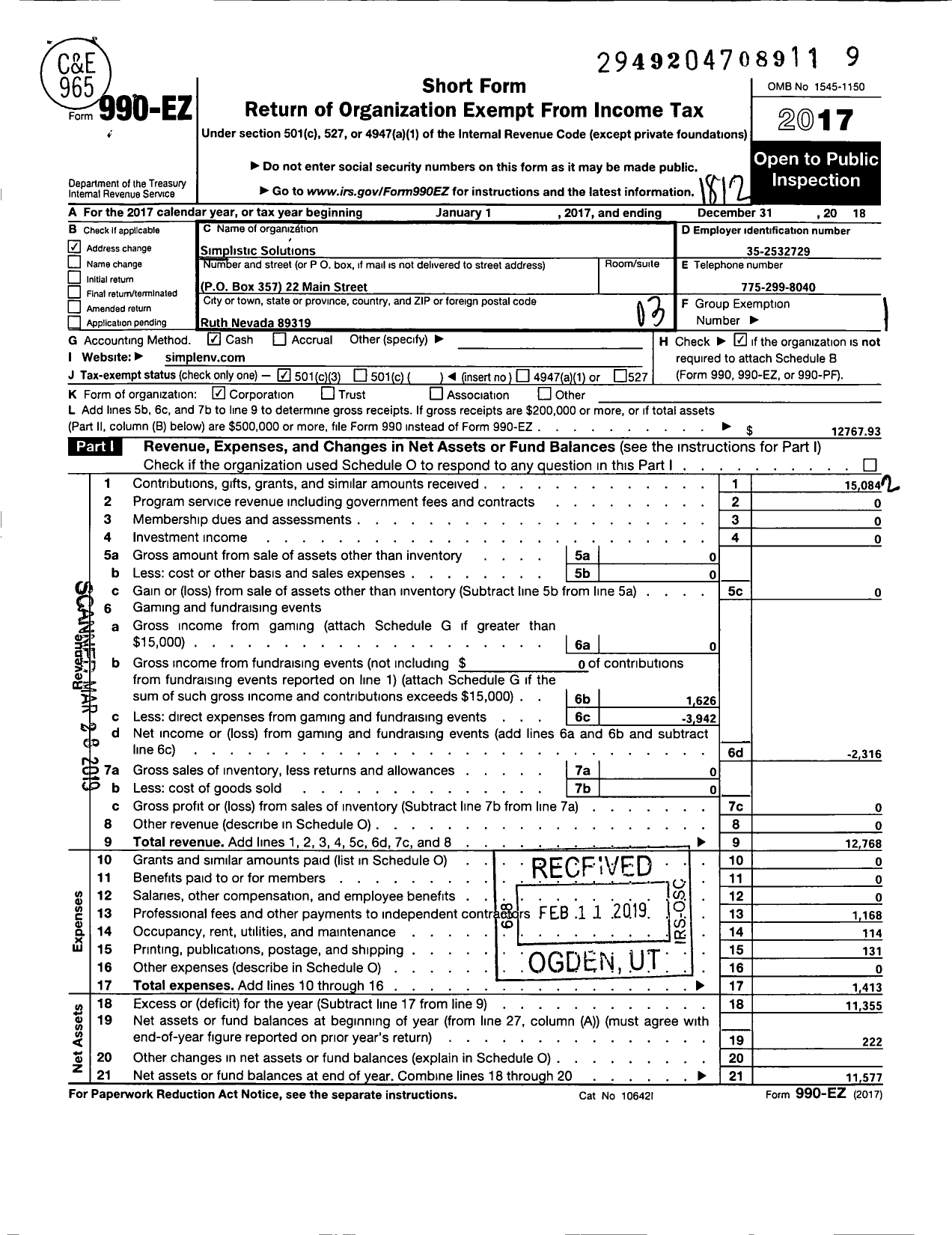 Image of first page of 2018 Form 990EZ for Simplistic Solutions