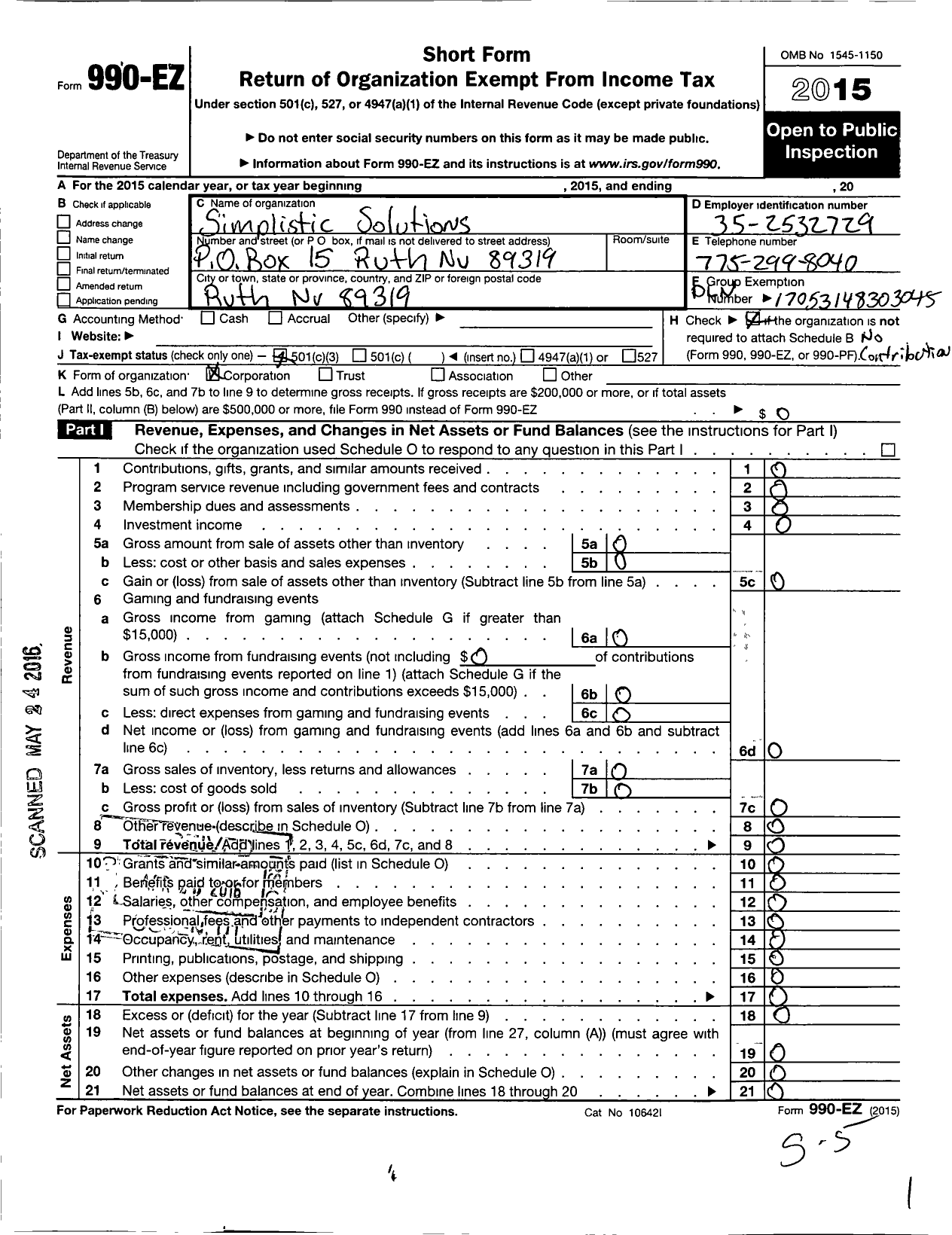 Image of first page of 2015 Form 990EZ for Simplistic Solutions