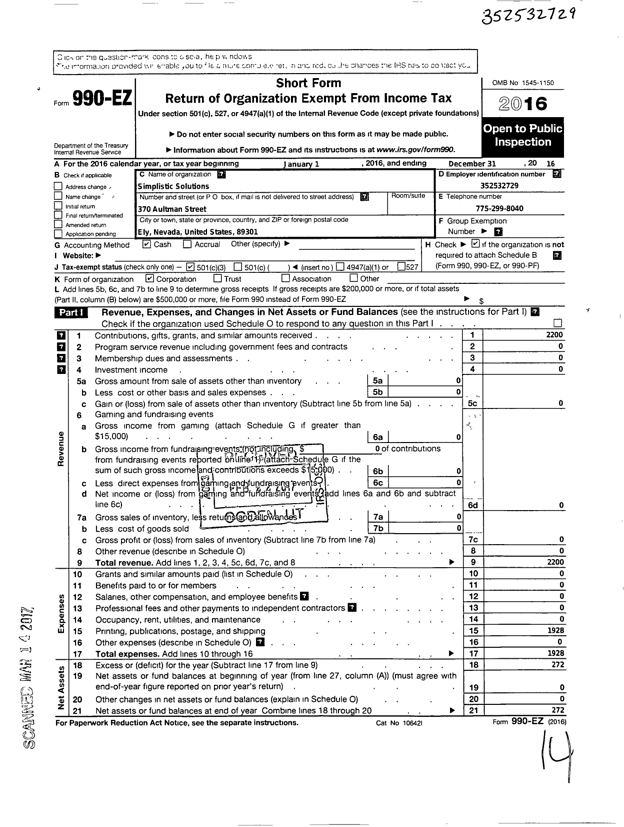 Image of first page of 2016 Form 990EZ for Simplistic Solutions