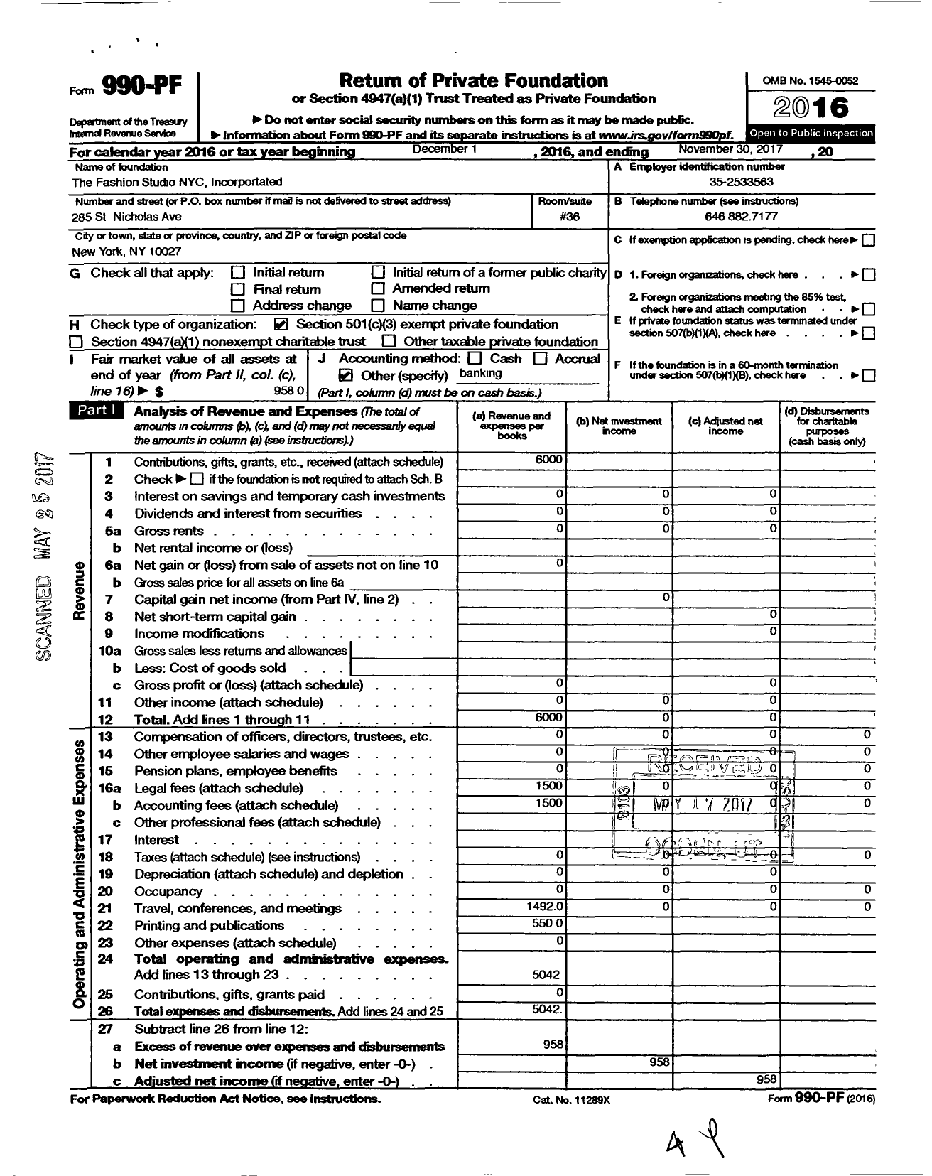 Image of first page of 2016 Form 990PF for Fashion Studio Nyc