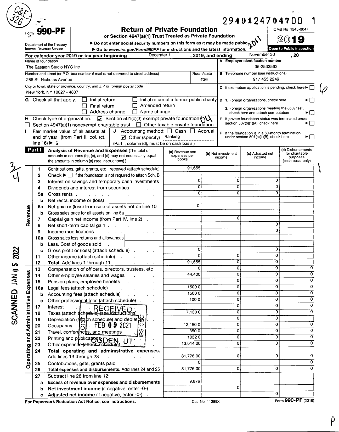 Image of first page of 2019 Form 990PF for Fashion Studio Nyc