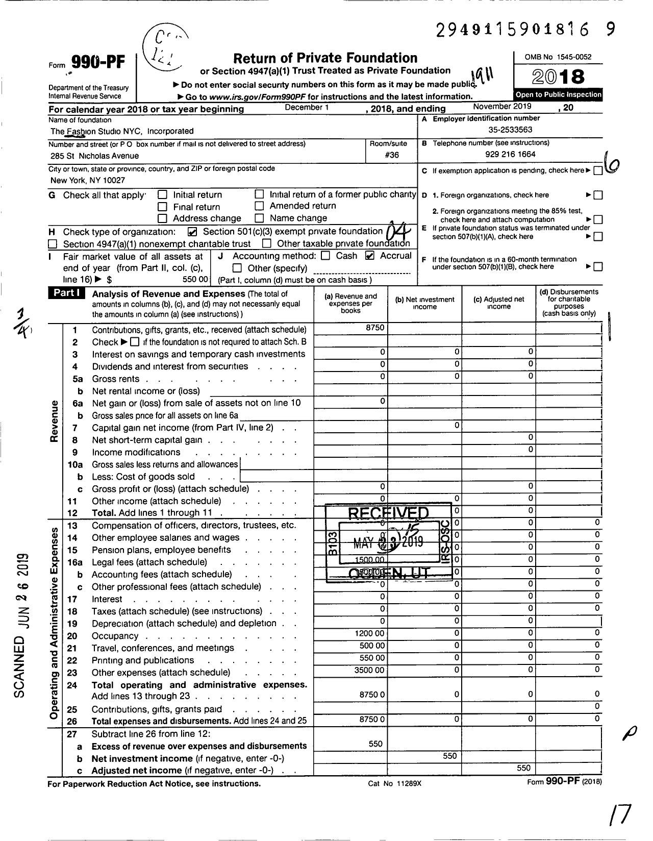 Image of first page of 2018 Form 990PF for Fashion Studio Nyc