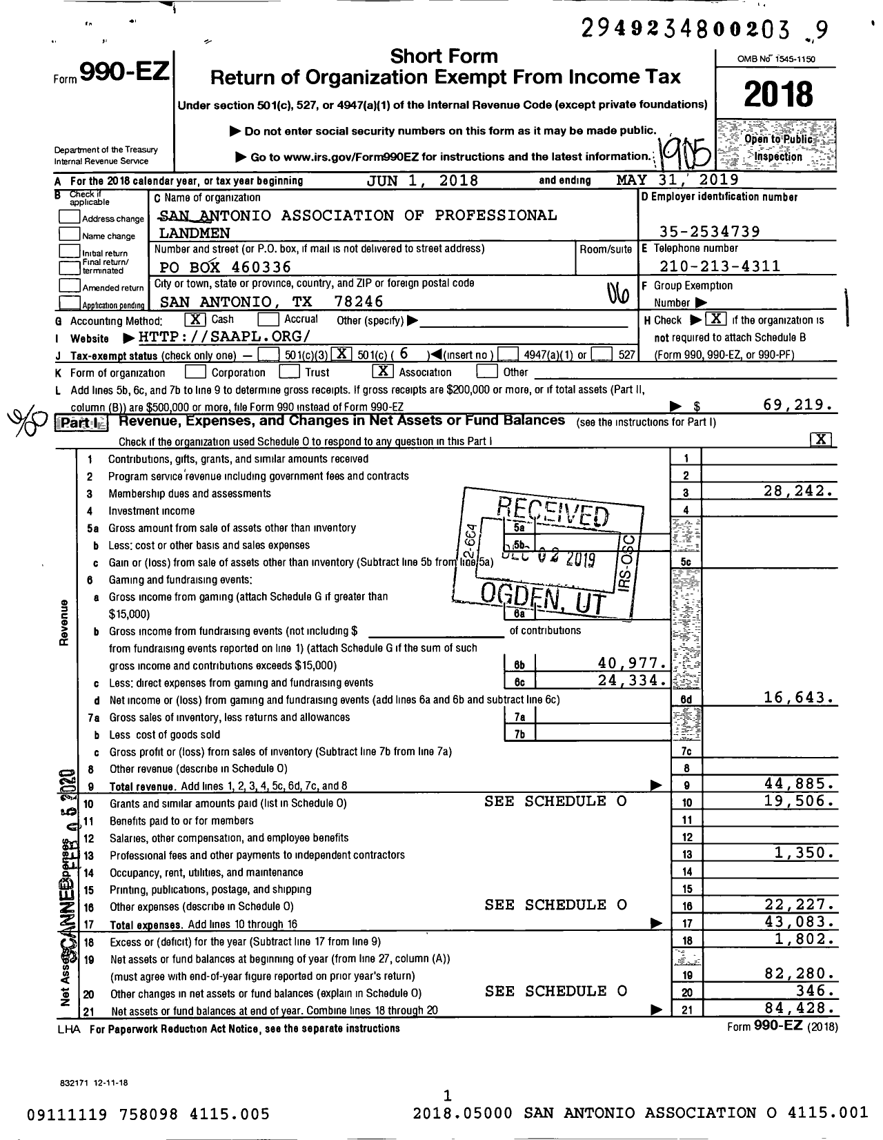 Image of first page of 2018 Form 990EO for San Antonio Association of Professional Landmen