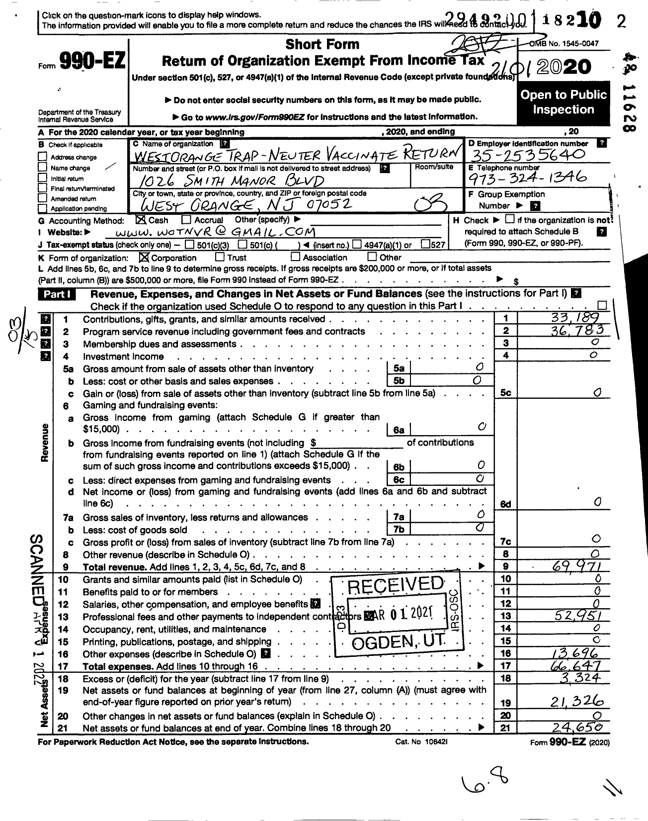 Image of first page of 2020 Form 990EZ for West Orange Trap-Neuter Vaccinate Return