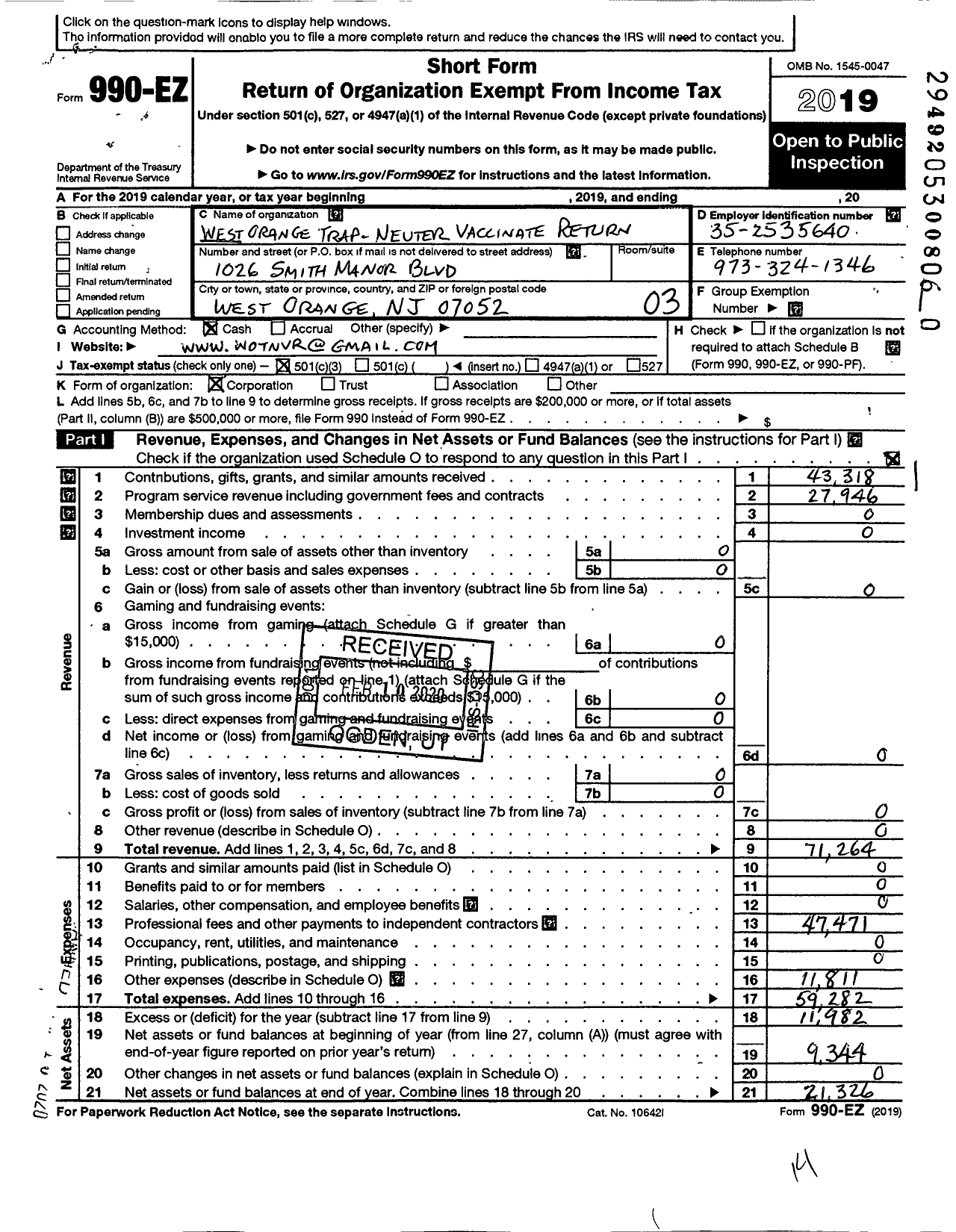 Image of first page of 2019 Form 990EZ for West Orange Trap-Neuter Vaccinate Return