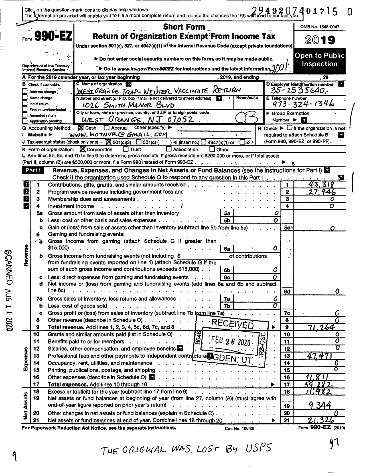 Image of first page of 2019 Form 990EZ for West Orange Trap-Neuter Vaccinate Return