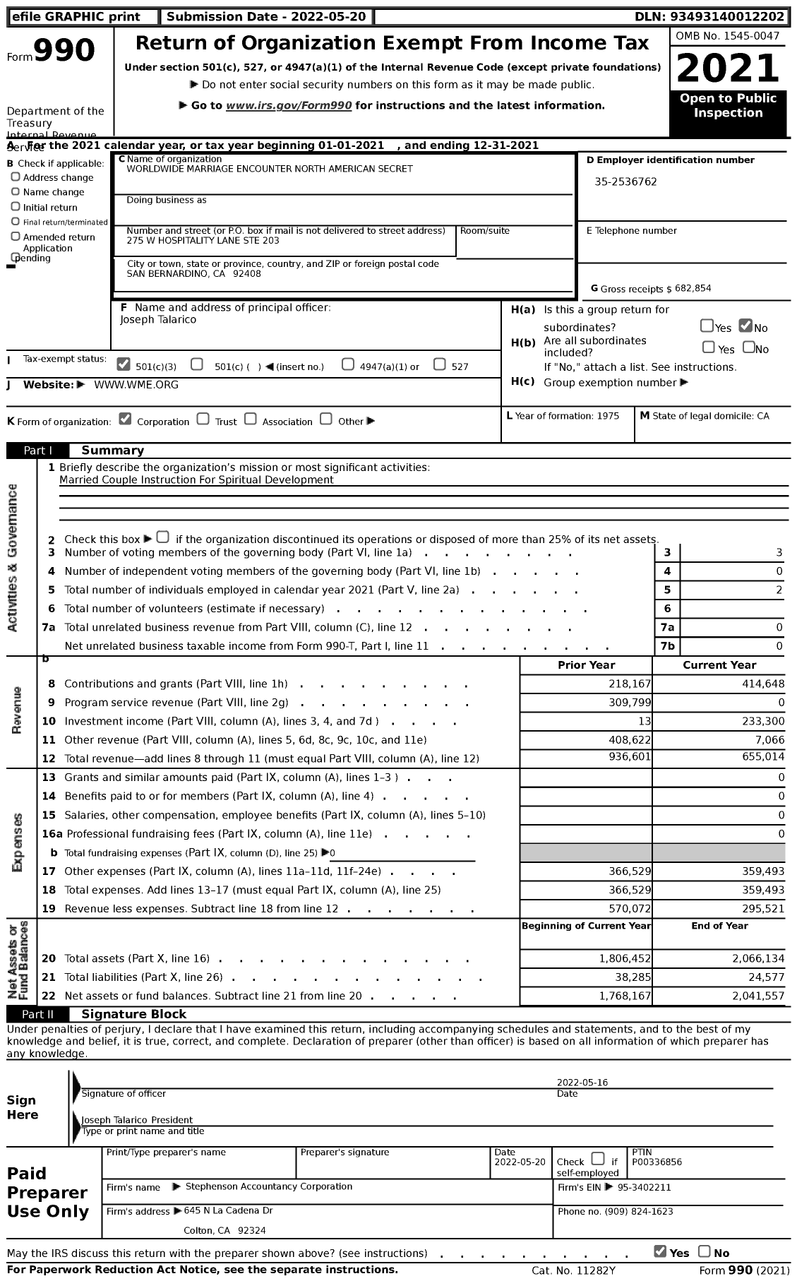 Image of first page of 2021 Form 990 for Worldwide Marriage Encounter Nas North American Secretariat