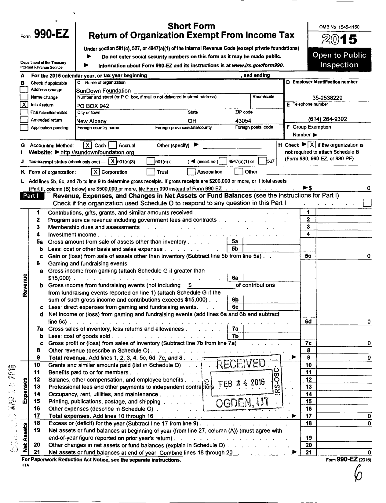 Image of first page of 2015 Form 990EZ for Sundown Foundation