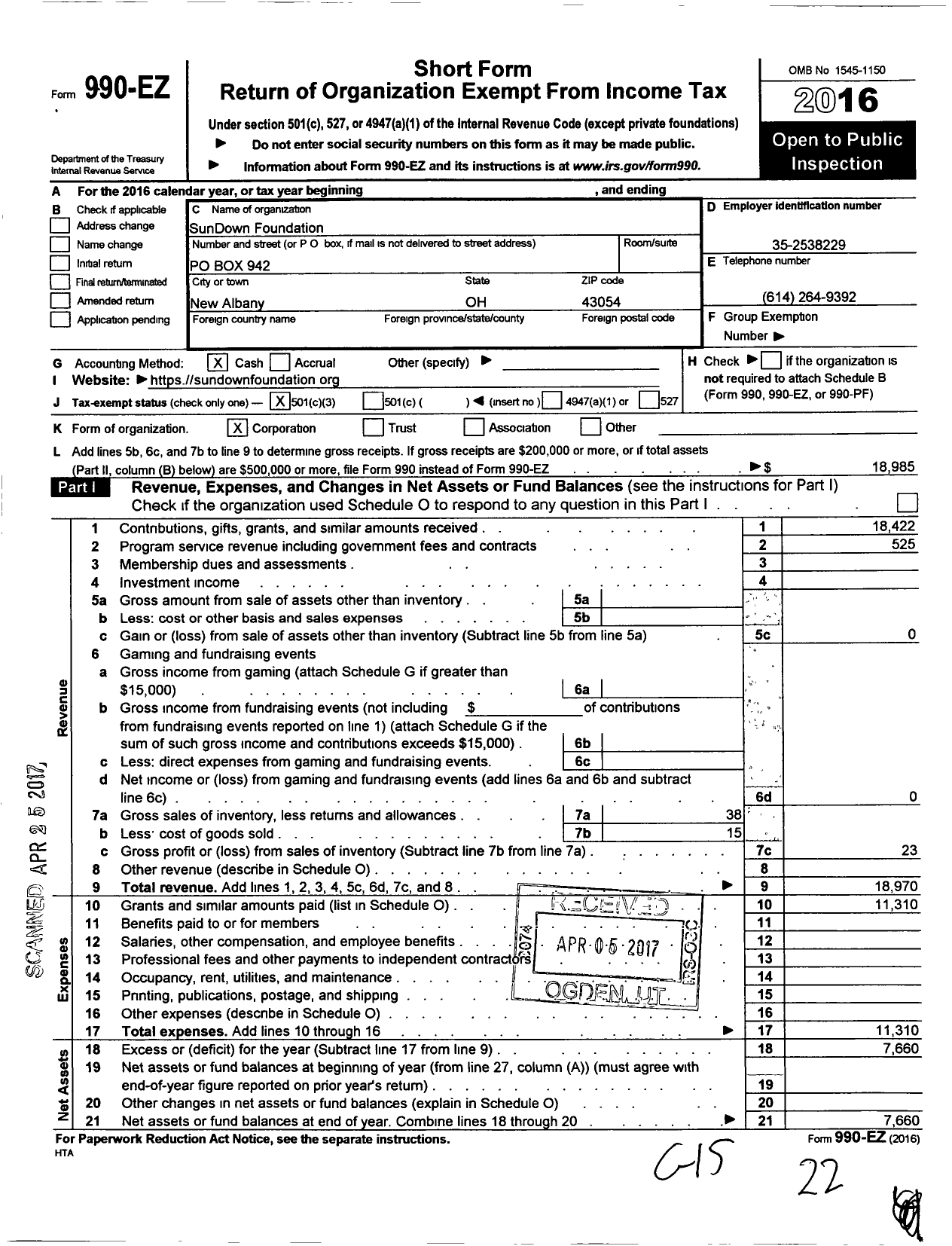 Image of first page of 2016 Form 990EZ for Sundown Foundation