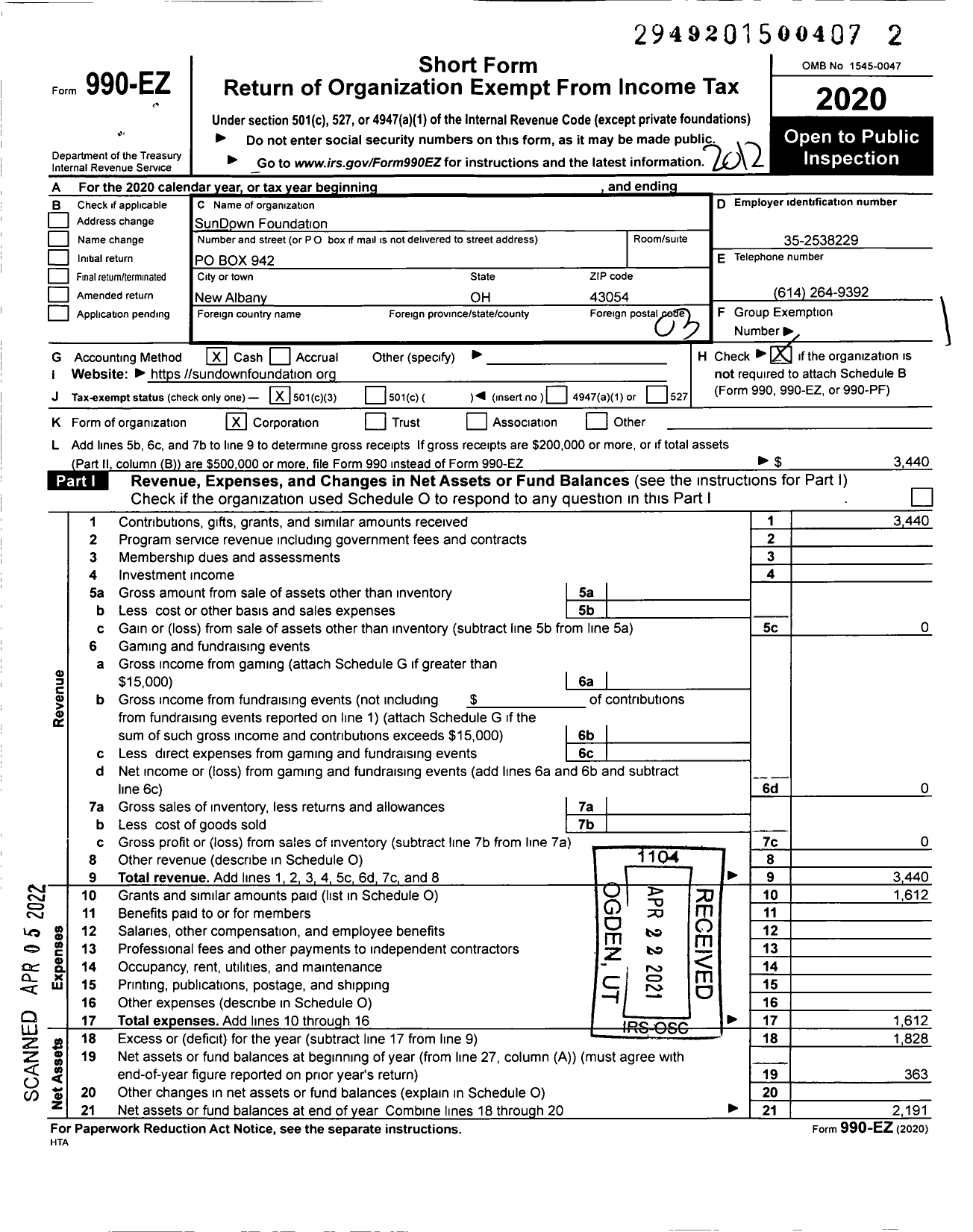 Image of first page of 2020 Form 990EZ for Sundown Foundation