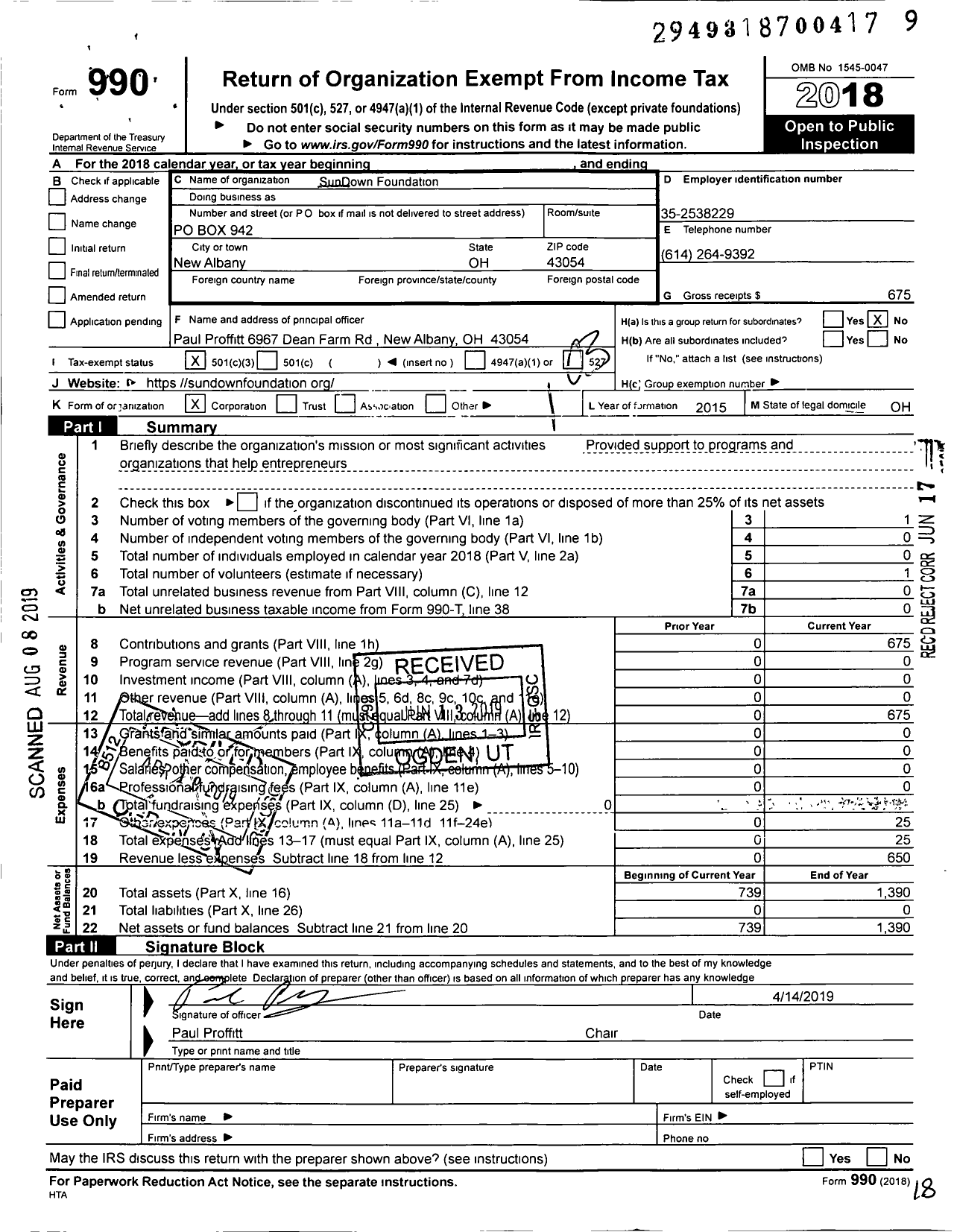 Image of first page of 2018 Form 990 for Sundown Foundation