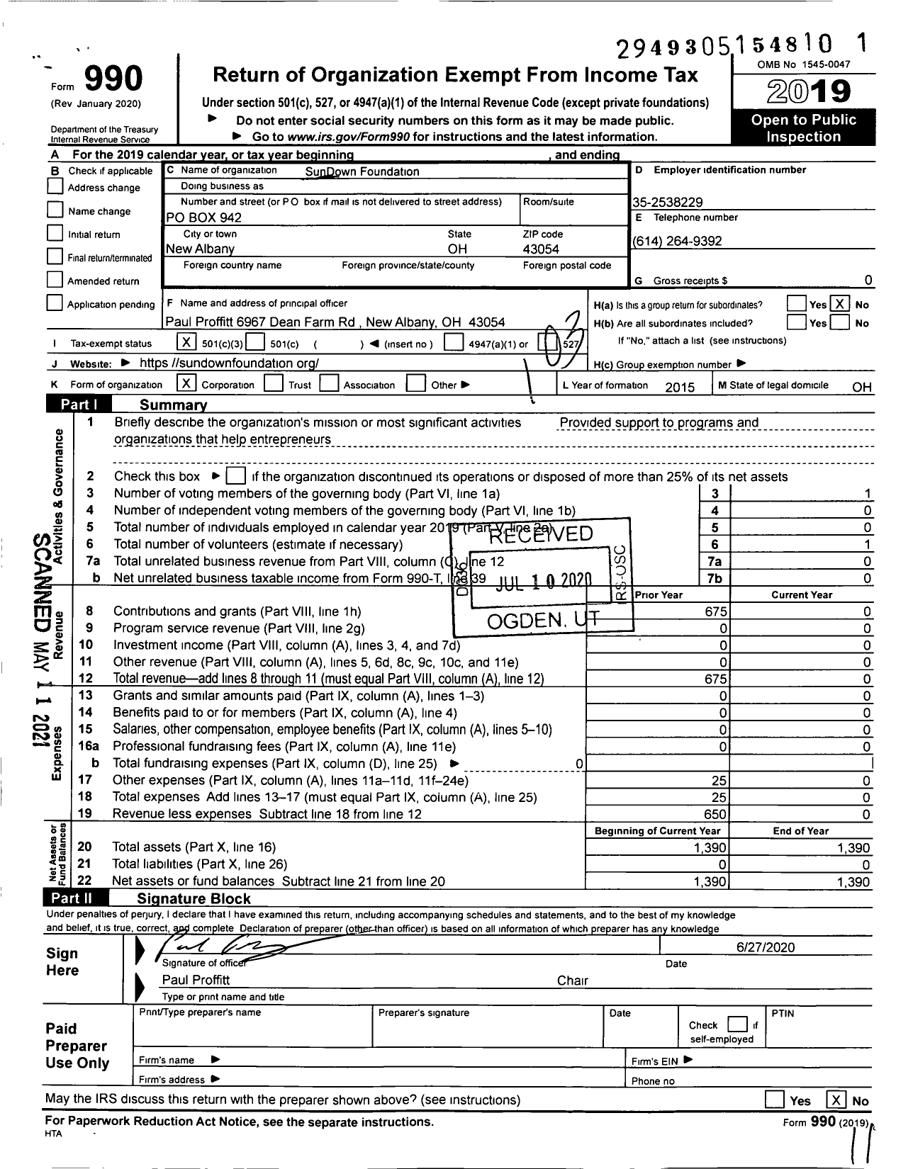 Image of first page of 2019 Form 990 for Sundown Foundation