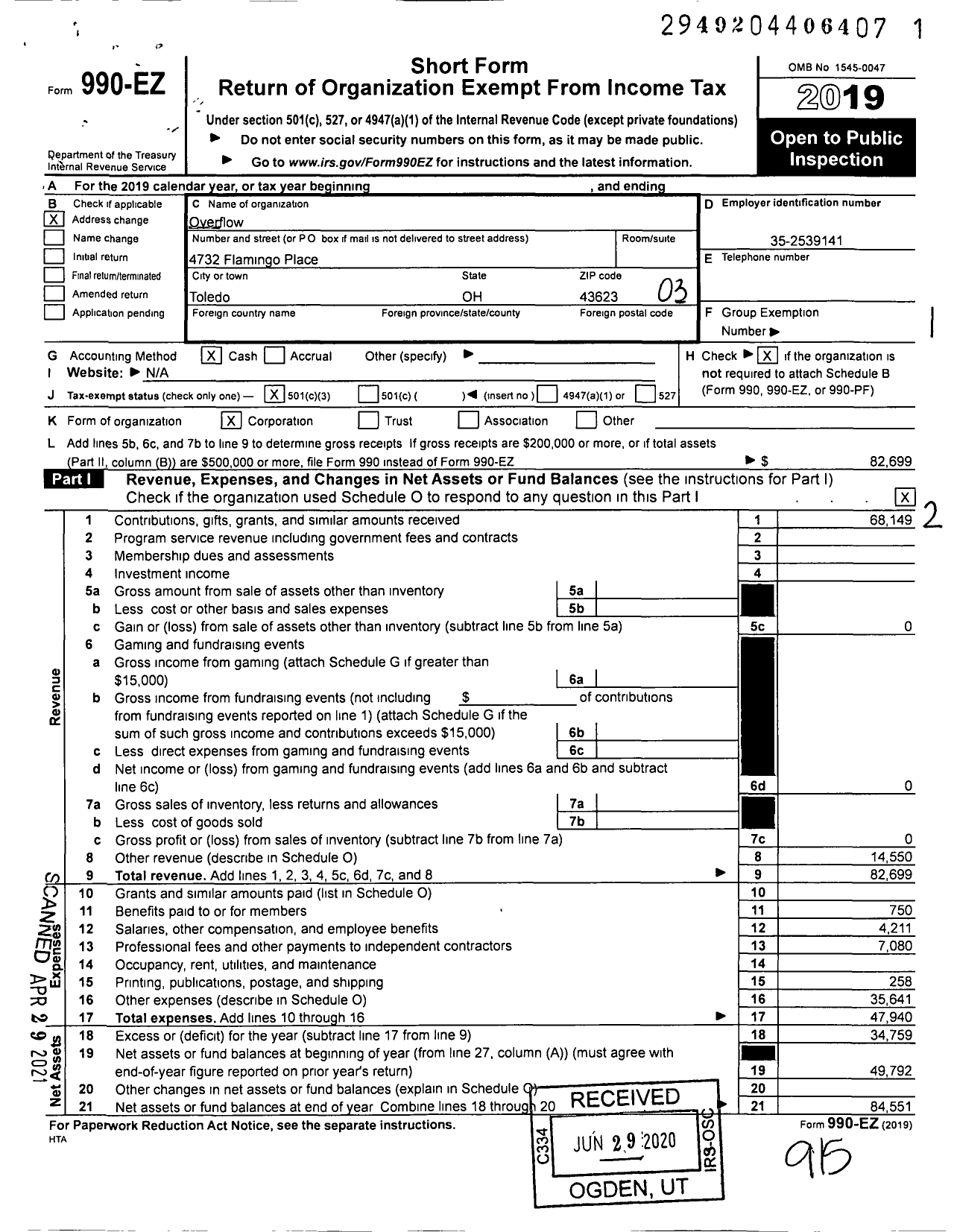 Image of first page of 2019 Form 990EZ for Overflow