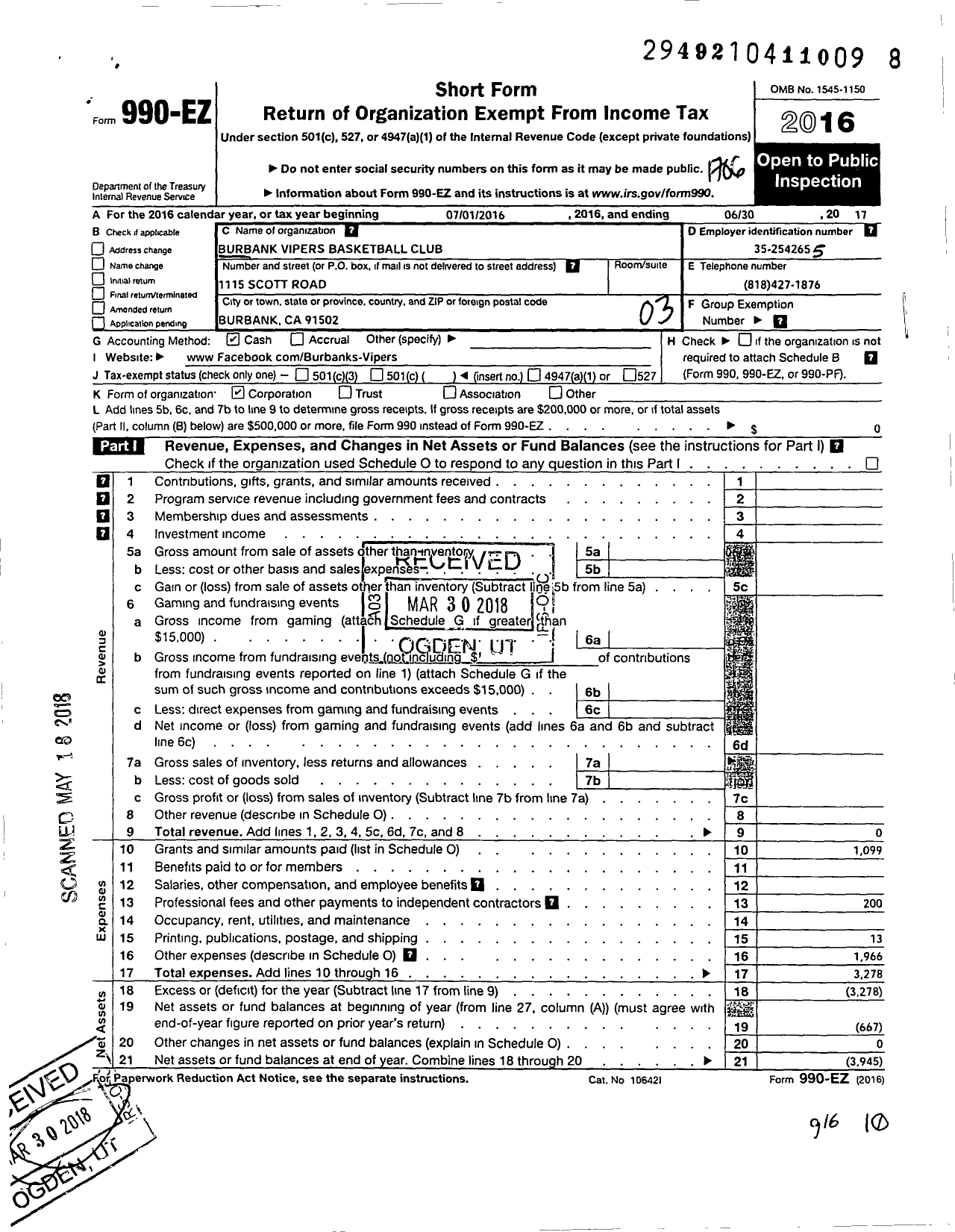 Image of first page of 2016 Form 990EZ for Burbank Vipers Basketball Club