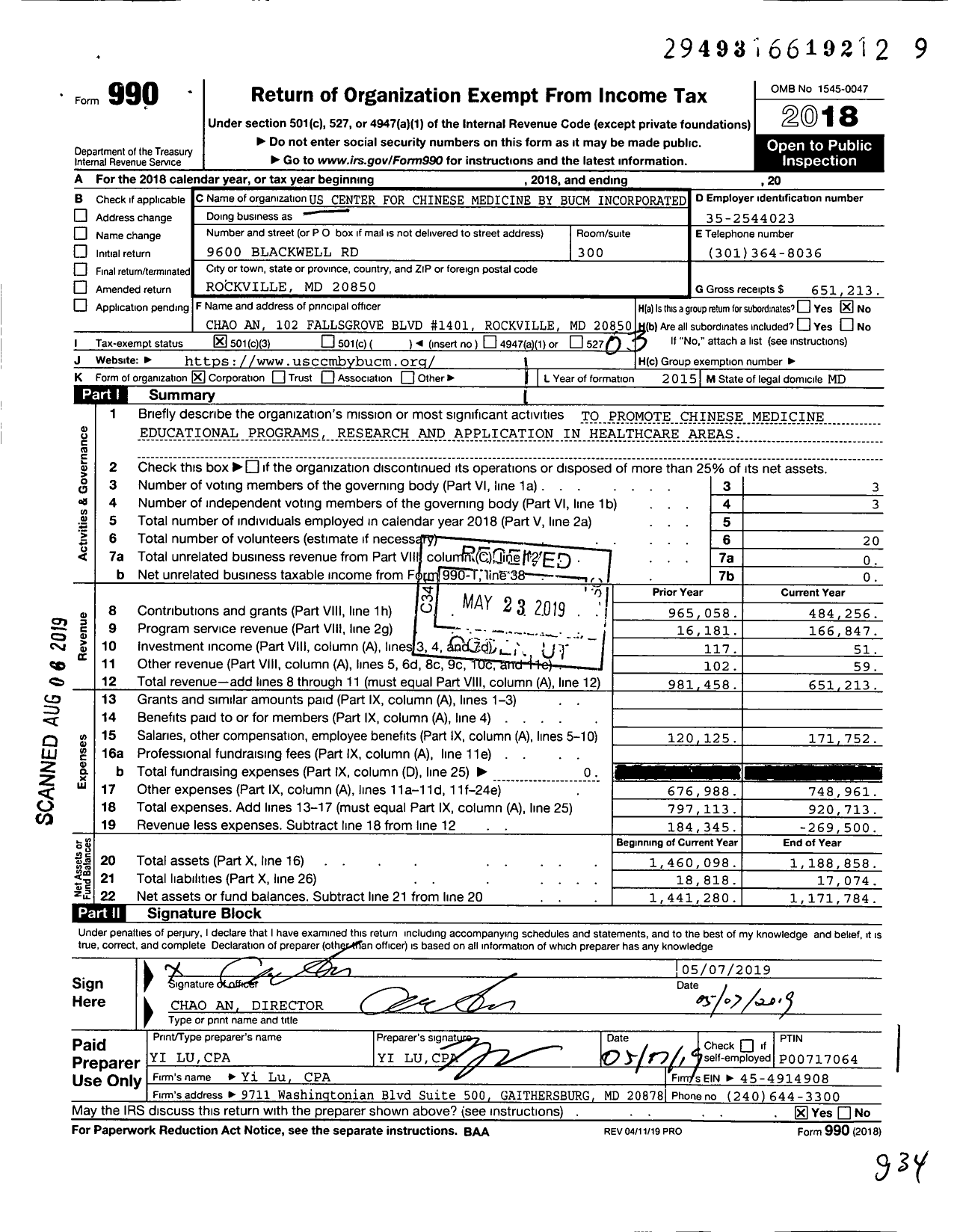 Image of first page of 2018 Form 990 for Us Center for Chinese Medicine By Bucm Incorporated