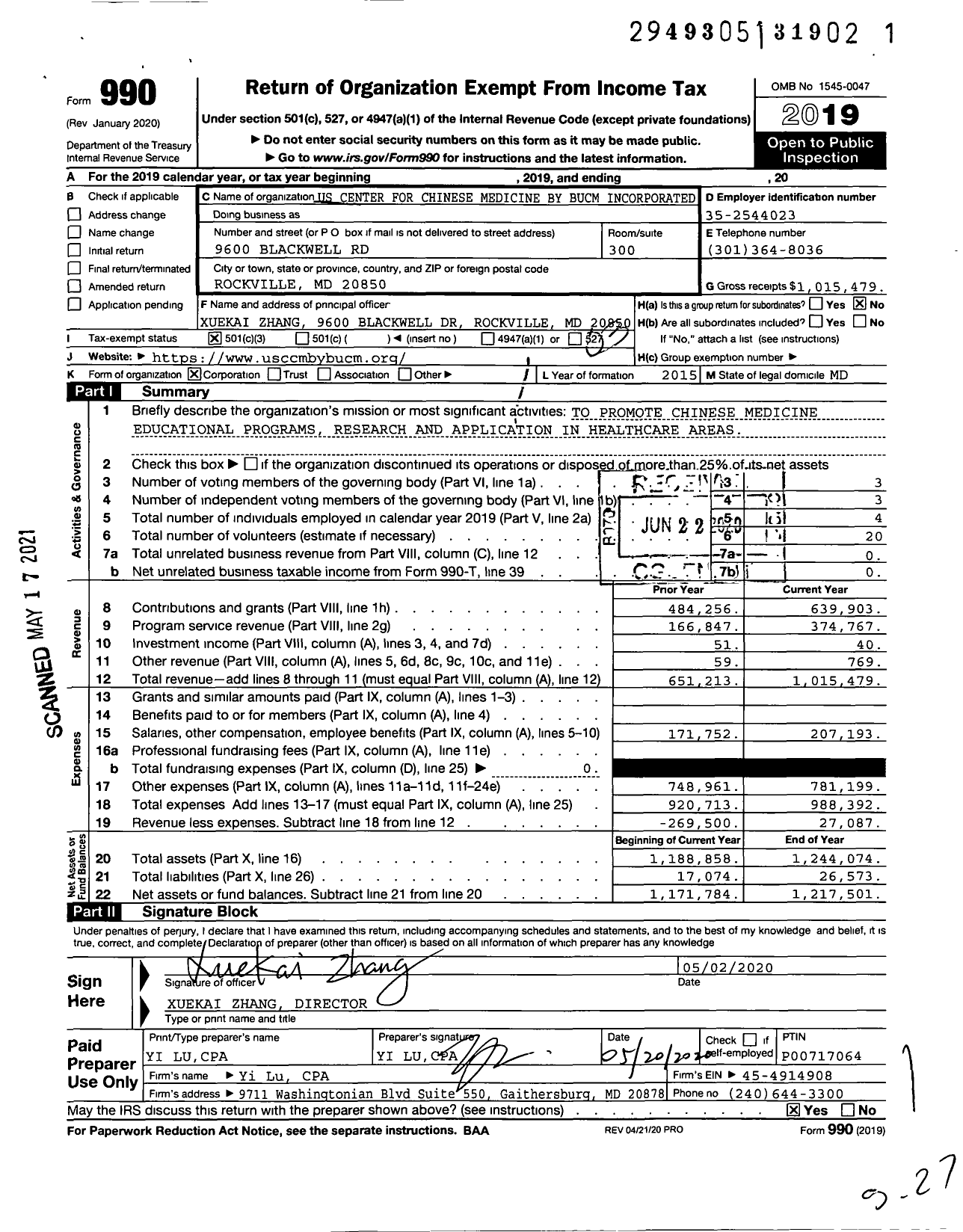 Image of first page of 2019 Form 990 for Us Center for Chinese Medicine By Bucm Incorporated